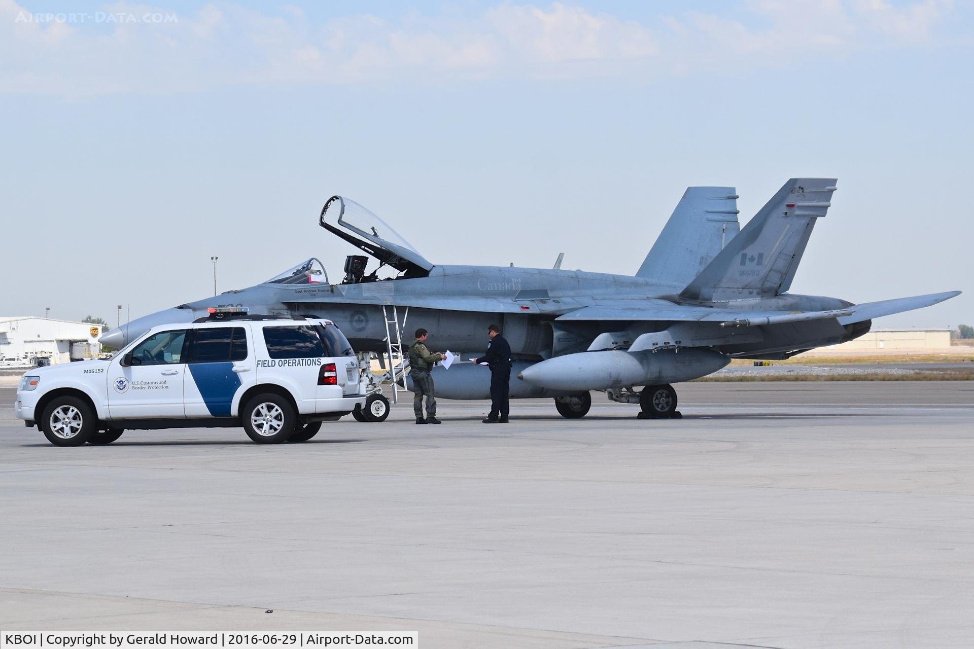 Boise Air Terminal/gowen Fld Airport (BOI) - Visiting Canadian F-18 being cleared by U.S. Customs. The paper work never ends.
