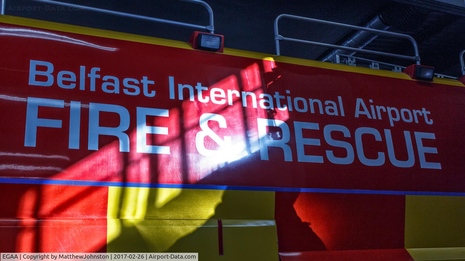 Belfast International Airport, Belfast, Northern Ireland United Kingdom (EGAA) - Side of a fire truck at BFS