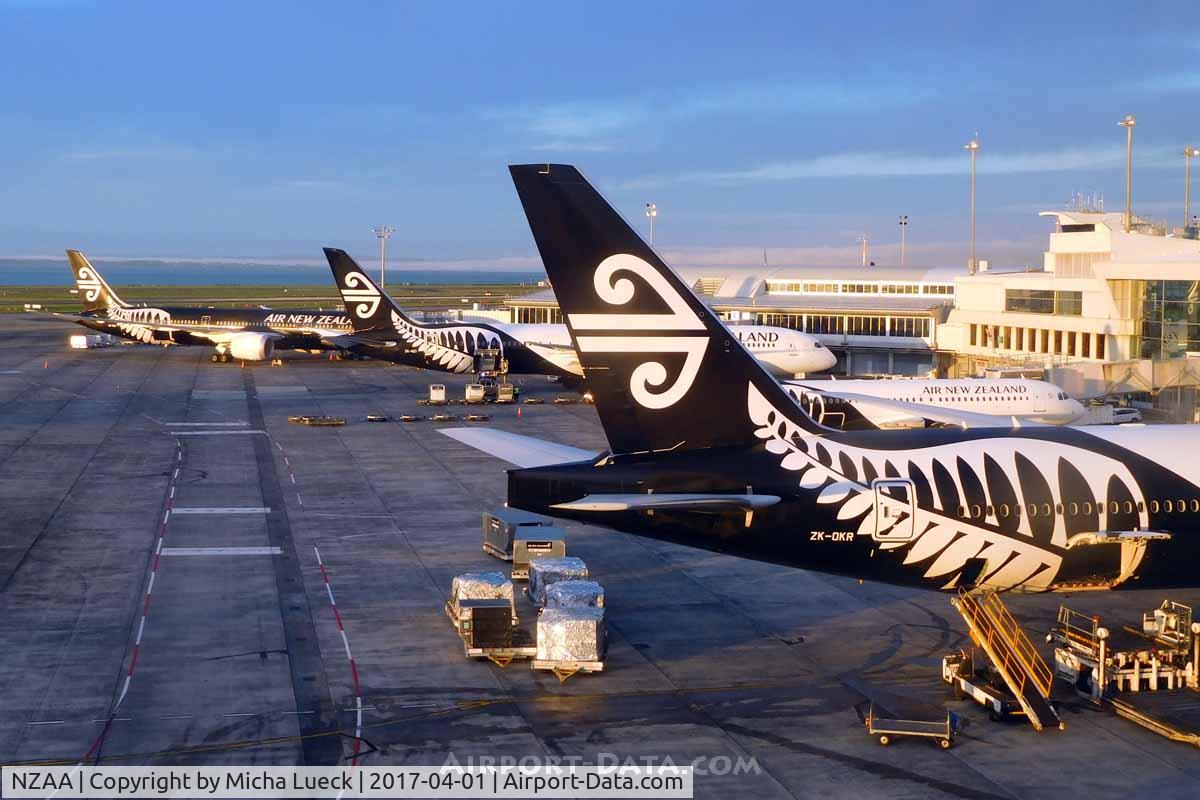 Auckland International Airport, Auckland New Zealand (NZAA) - Air New Zealand's black and white birds basking in the morning sun, while getting ready for the first flights of the day
