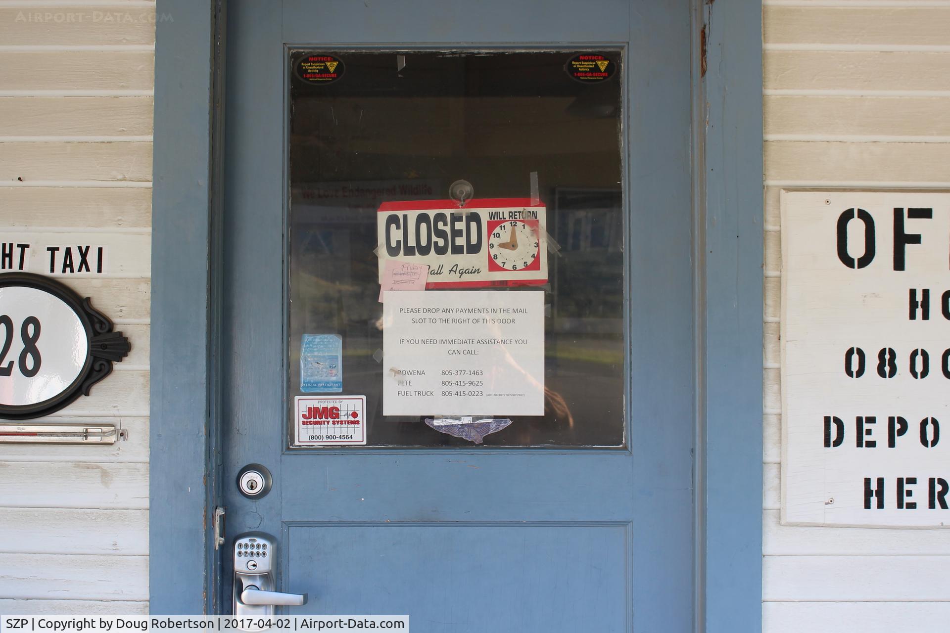 Santa Paula Airport (SZP) - Santa Paula Airport Office, 28 Wright Taxi near Fuel Dock. Get transient overnight parking pay voucher envelopes here. Also permanent parking/hangar availability/other inquiries within.