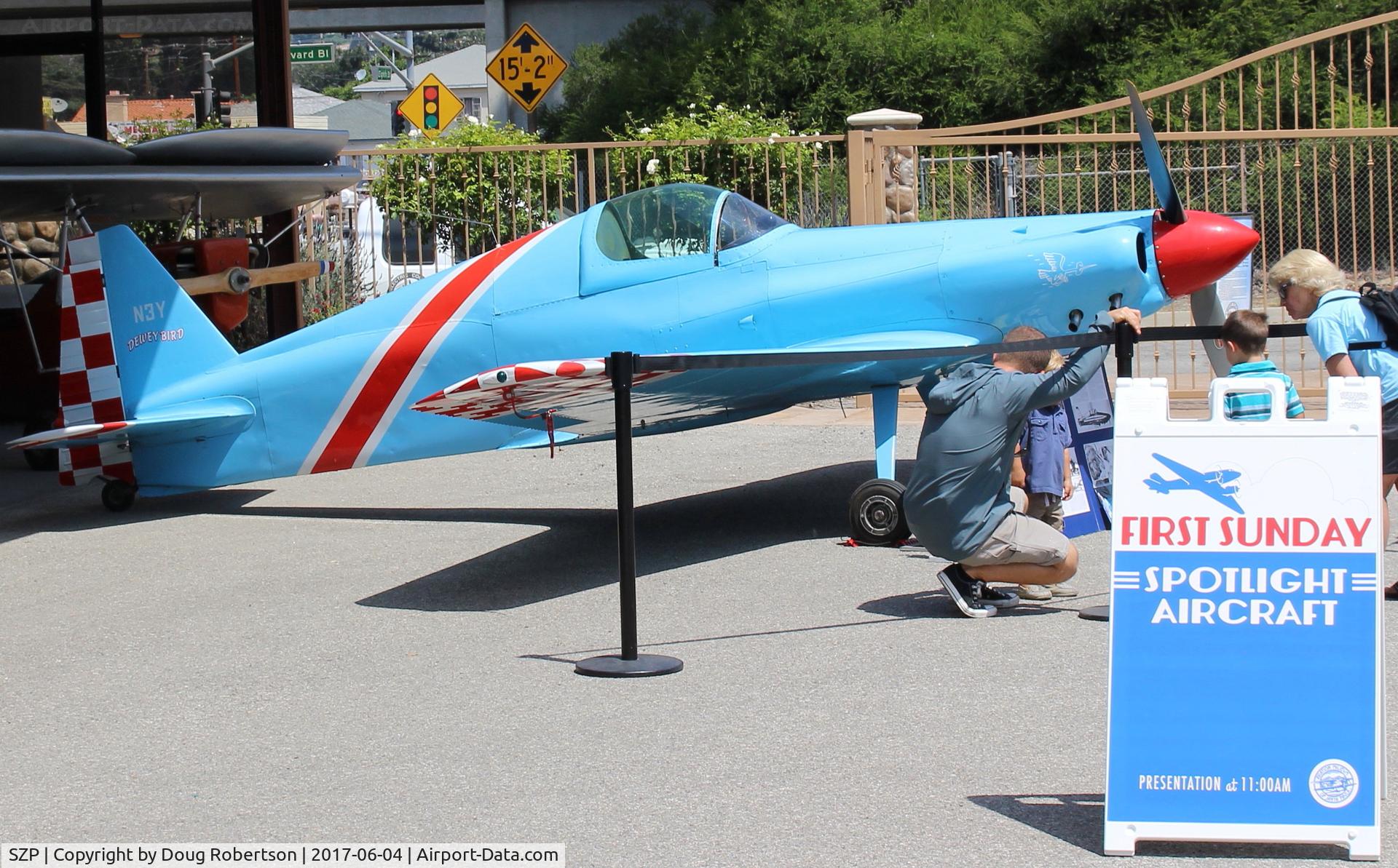 Santa Paula Airport (SZP) - Aviation Museum of SZP 1100 hours Featured Aircraft Presentation-by Grandson pilot (crouching) of the builder of DeweyBird (highly modified Super Cosmic Wind Racer) purchased back from Arizona 