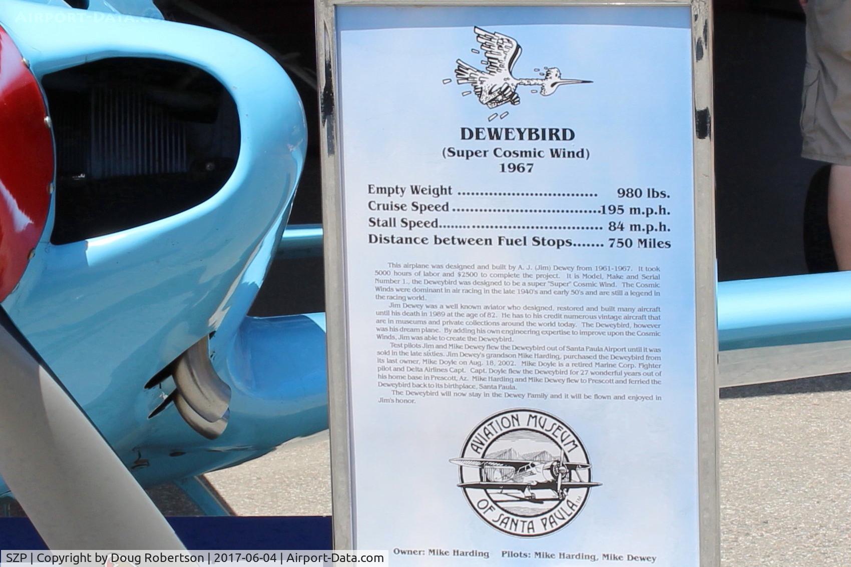 Santa Paula Airport (SZP) - Aviation Museum of SZP 1100 hours First Sunday Featured Aircraft Presentation. Data display-N3Y DeweyBird (highly modified Super Cosmic Wind Racer). See earlier N3Y aircraft photos also. Unusual-tail wheel is attached to rudder's bottom.