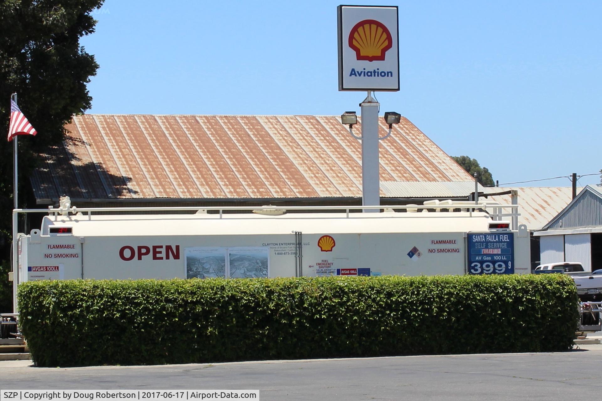 Santa Paula Airport (SZP) - Santa Paula SHELL AVIATION 100LL Self-Serve Fuel Dock, location: midfield North. Note lower price.