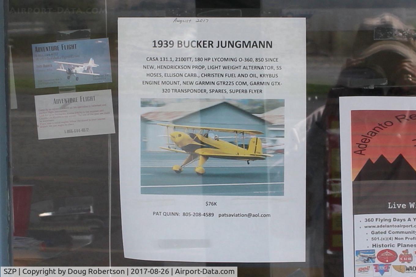 Santa Paula Airport (SZP) - Posted at SZP Airport Office-N1017U 1939 C.A.S.A 1.131 Bucker JUNGMANN FOR SALE. Lycoming O-360 180 Hp upgrade/engine mount by Joe Krybus. More photos-Airplane section.