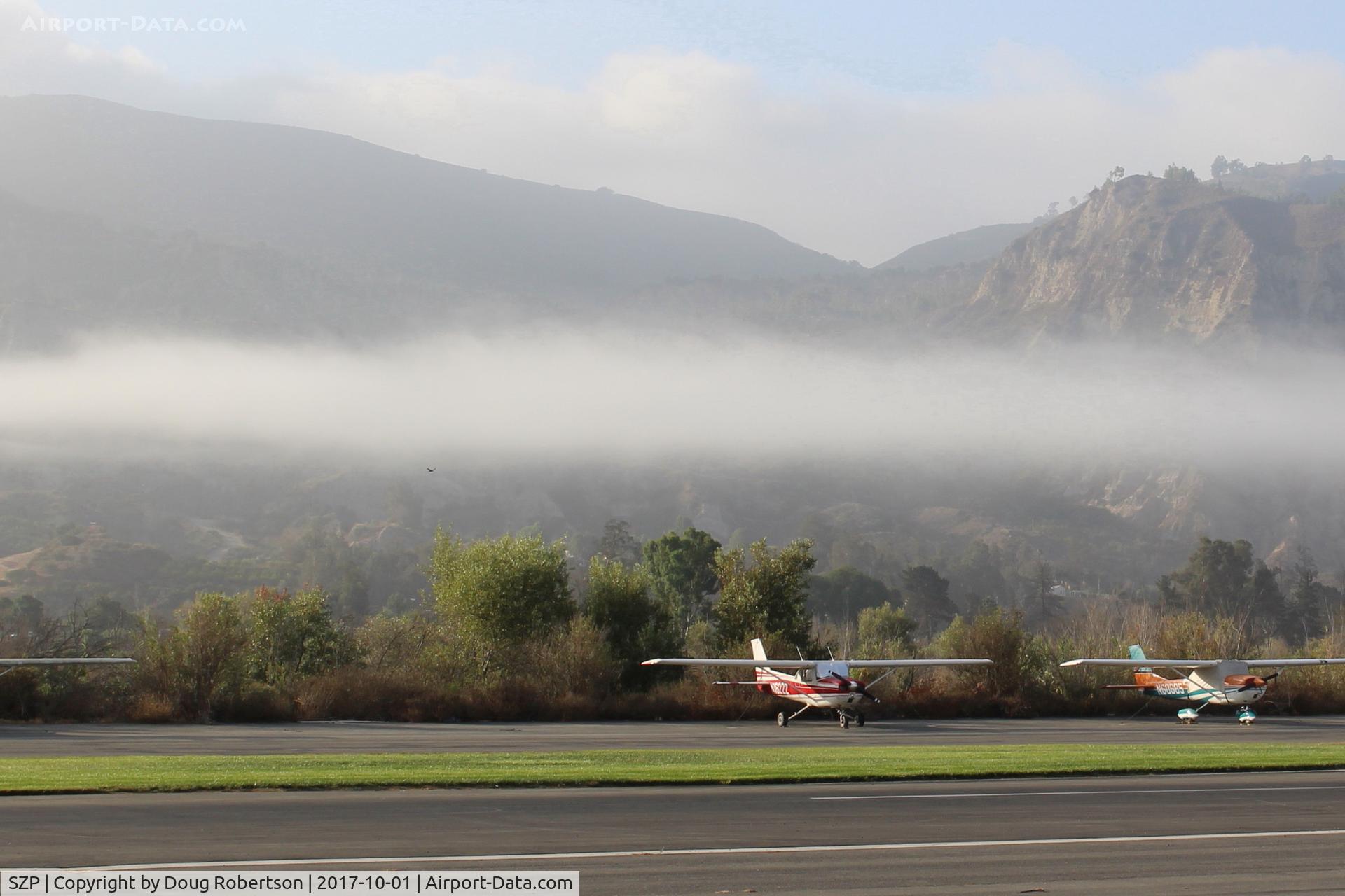 Santa Paula Airport (SZP) - Typical early morning ground fog along-side the river. My FAA written test in 1966 had question re ground fog, or cloud?-within 50 feet of land- it's ground fog. I aced it!
