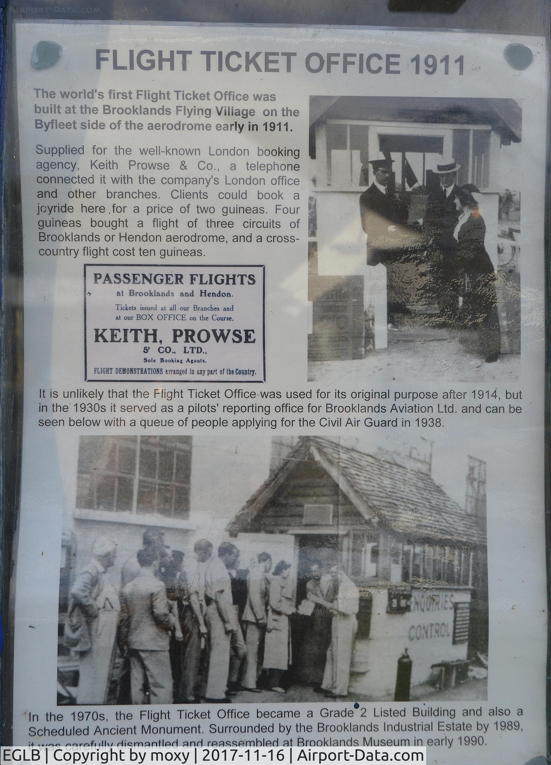 EGLB Airport - Information re world's first flight ticket office at Brooklands Airfield, Weybridge, Surrey, England.   