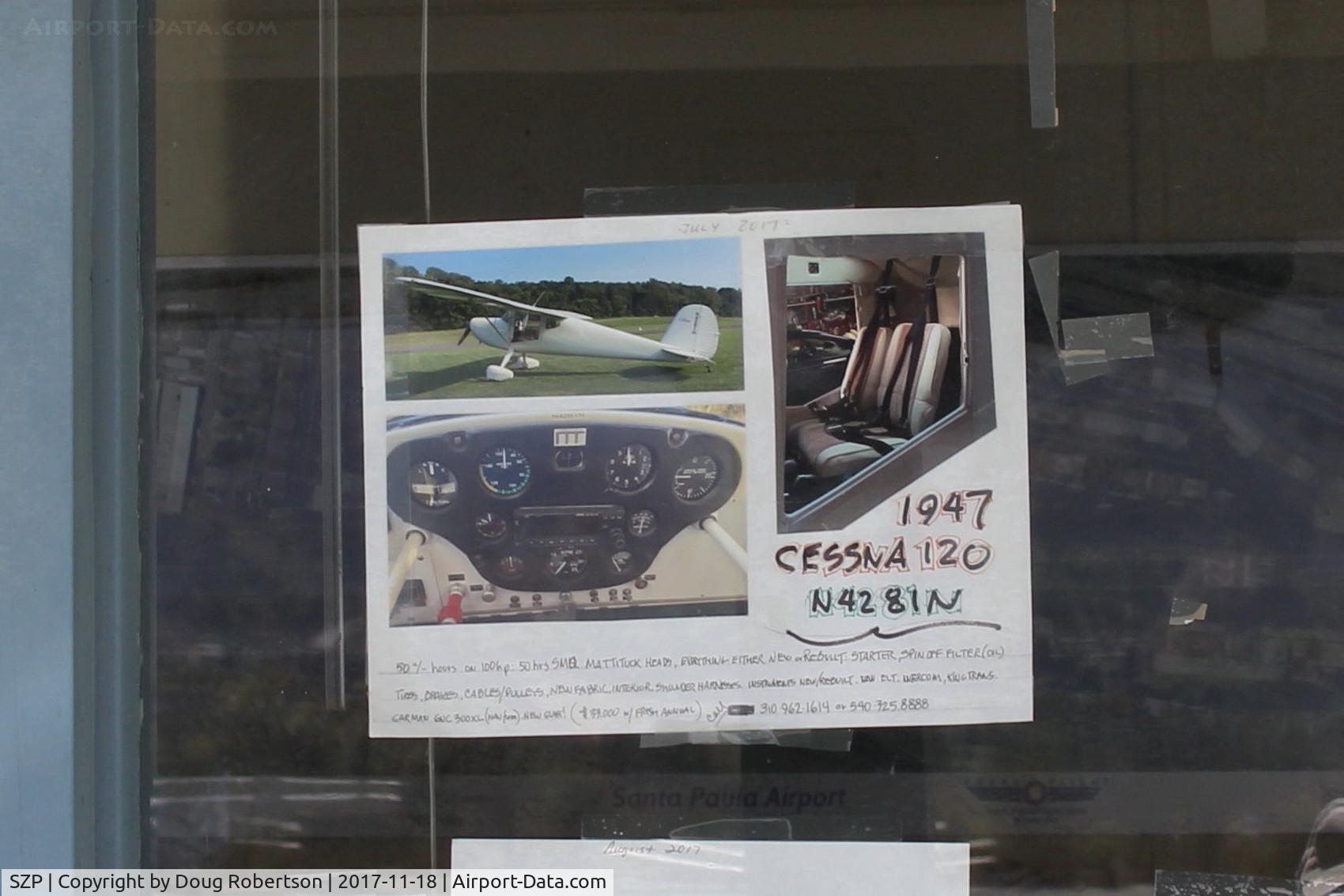 Santa Paula Airport (SZP) - 1947 Cessna 120 FOR SALE-use the N4281N registration number at FAA  Registry for more information/owner and aircraft if can't read phone number.