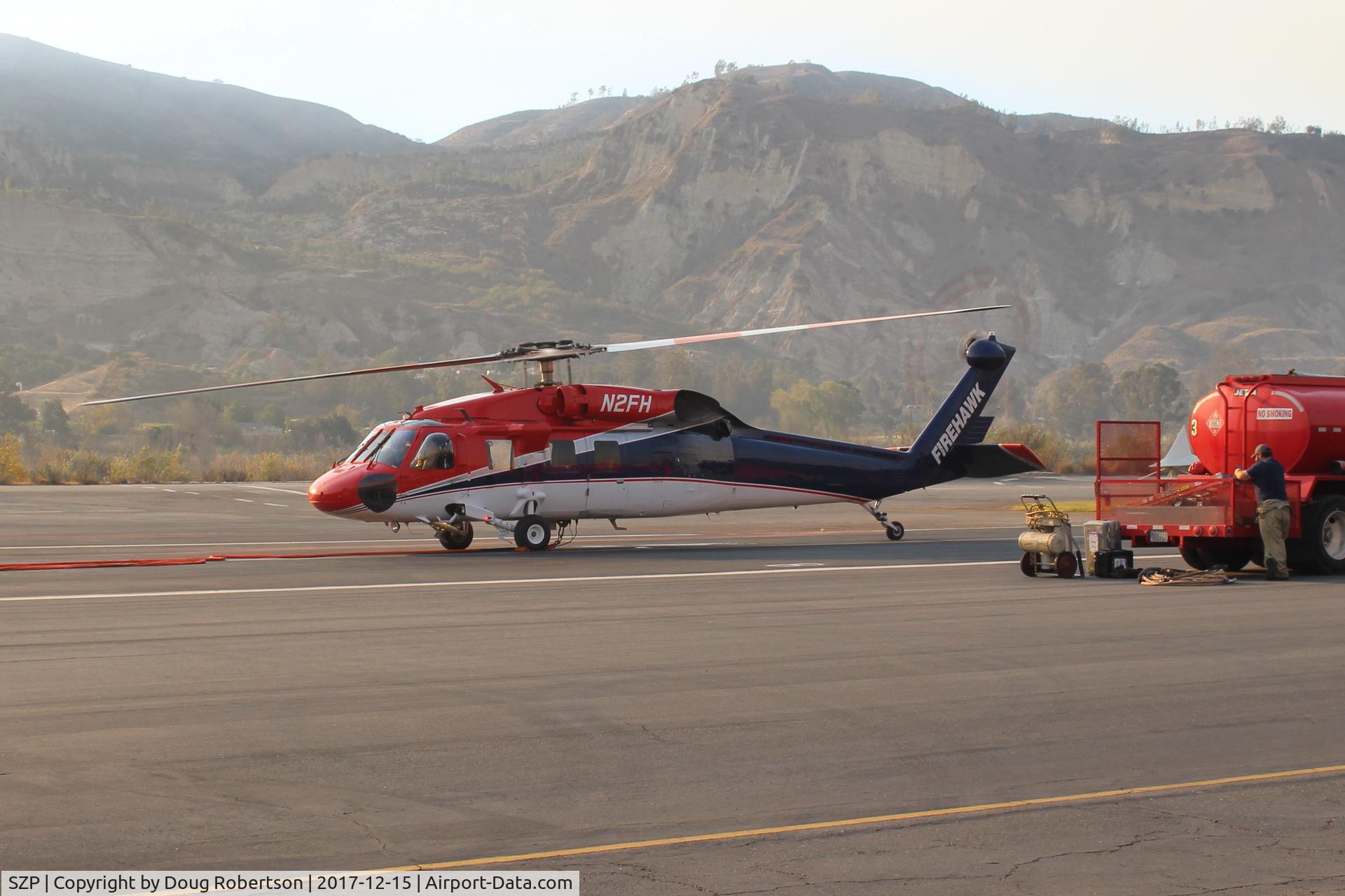 Santa Paula Airport (SZP) - N2FH, 1986 Sikorsky THUNDERHAWK FIREHAWK, 2 GE-T700-GE-401 1,690 SHp each twin-turbines, Thomas Fire suppression basing from SZP.