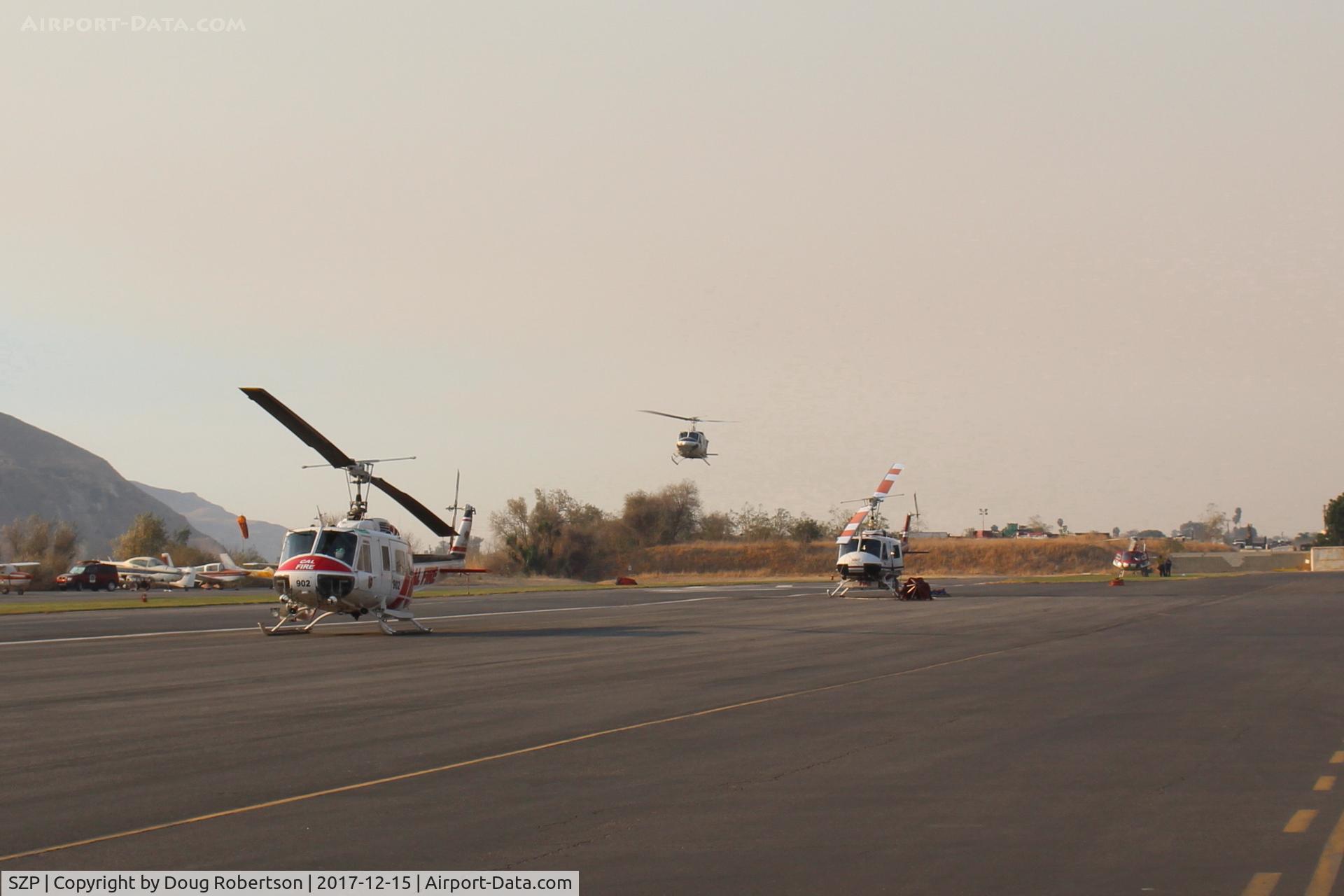 Santa Paula Airport (SZP) - Several Fire Base helicopters landed, one on short approach to the Santa Paula Fire Base. The Thomas Fire Base Airport is SZP. 
