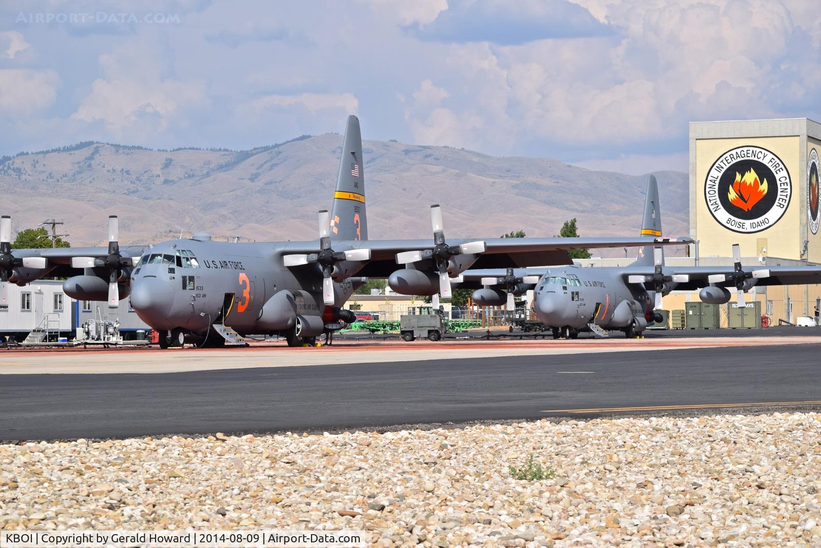 Boise Air Terminal/gowen Fld Airport (BOI) - From the 153rd Airlift Wing, WY ANG, on fire tanker duty with NIFC. Both aircraft equipped with MAFFS.