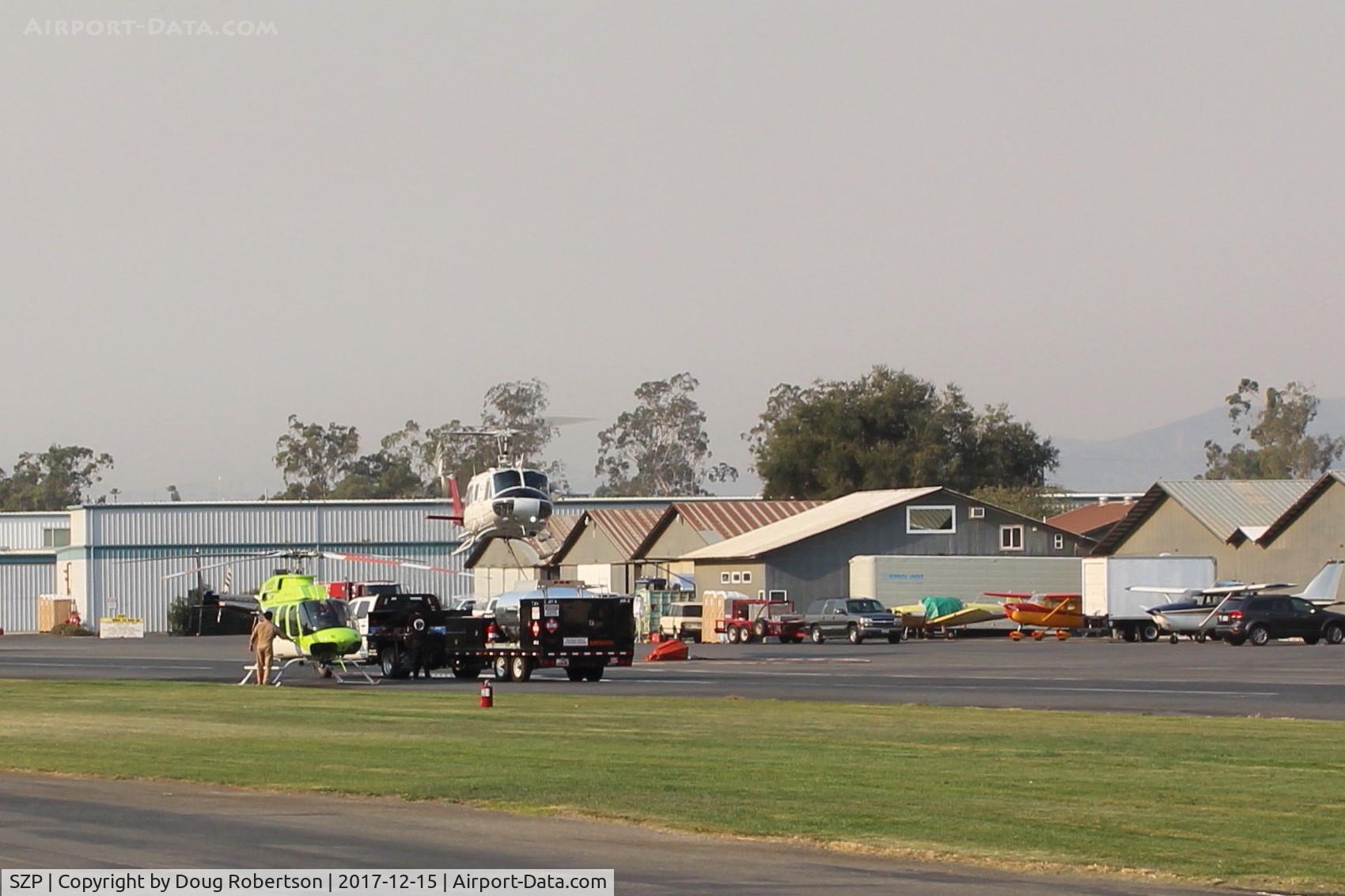 Santa Paula Airport (SZP) - Helicopter FireBomber nearly landed at SZP Thomas Firebase after fire-retardant drop at nearby fire scene.
