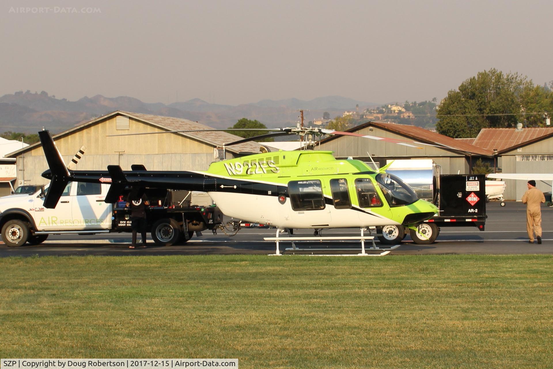 Santa Paula Airport (SZP) - N922FS 2004 Bell 407, Rolls Royce 250 C47B Turboshaft 813 SHP, Restricted Forest, at Thomas Fire FIRE BASE
