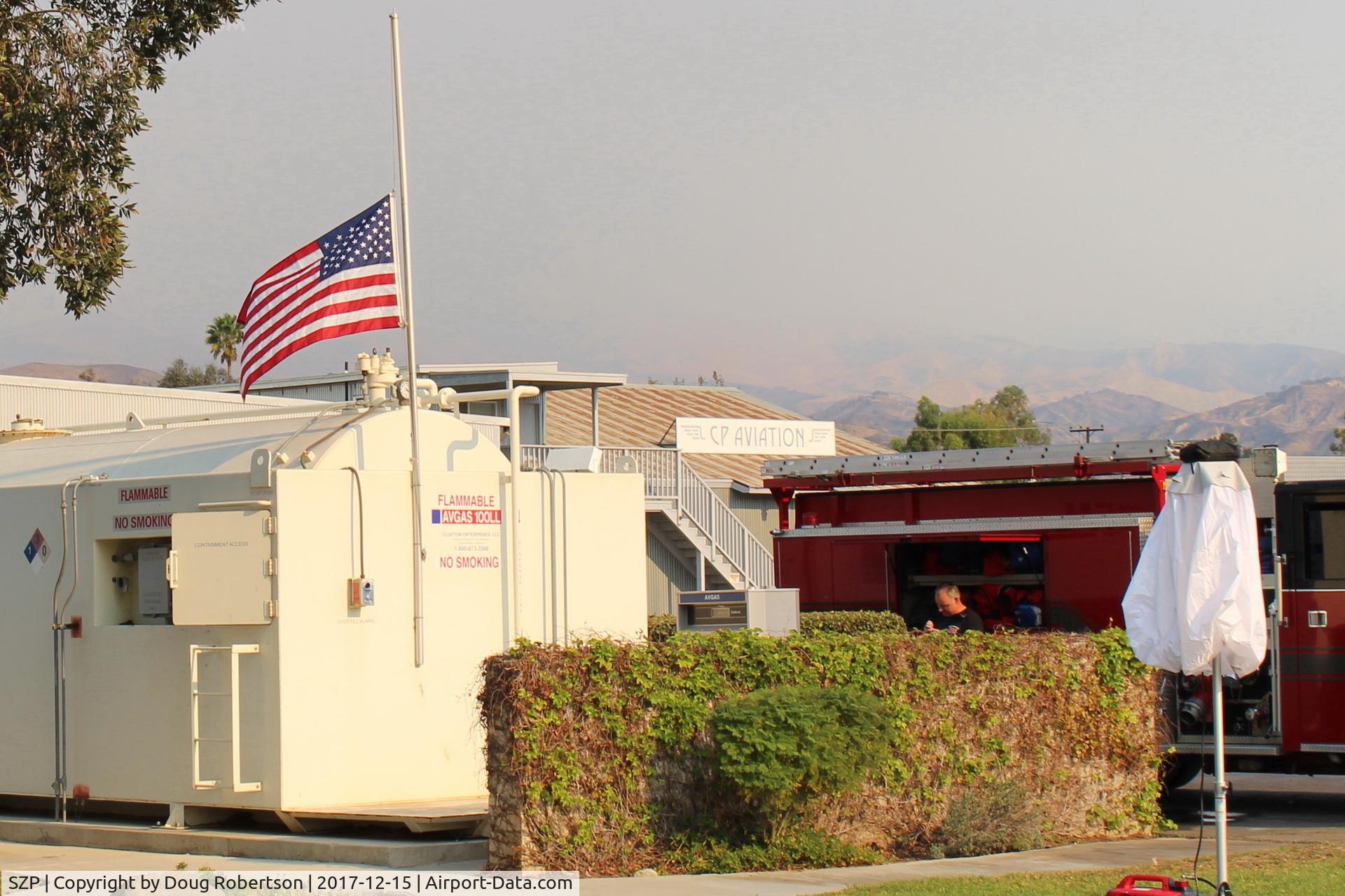 Santa Paula Airport (SZP) - The Thomas Fire SZP Firebase Flag at half-staff honoring the 32 year old fireman and the 70 year old woman who have thus far separately perished in the record-size California wild fire.