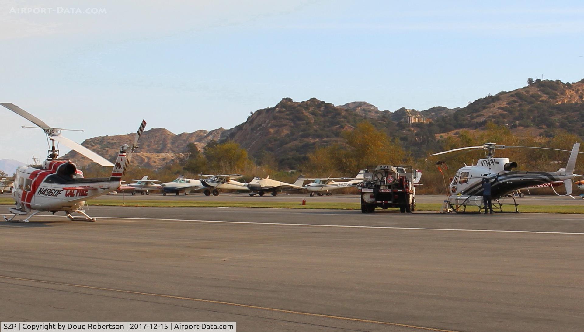 Santa Paula Airport (SZP) - N496DF Bell EH-1H TurboShaft of USDA Forest Service & N718GH 2001 Eurocopter AS 350 B3, Turbomeca Arriel 2B1TurboShaft, Restrict. class on the FireBase line
