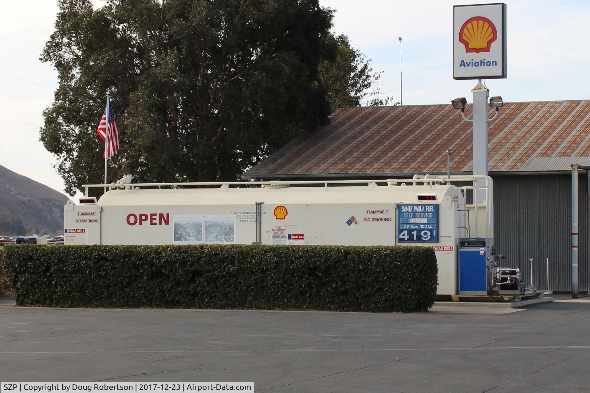 Santa Paula Airport (SZP) - Santa Paula Self-Serve SHELL 100LL, no price change. SZP is now reopened to General Aviation as the Thomas Fire FireBase here has disbanded.
