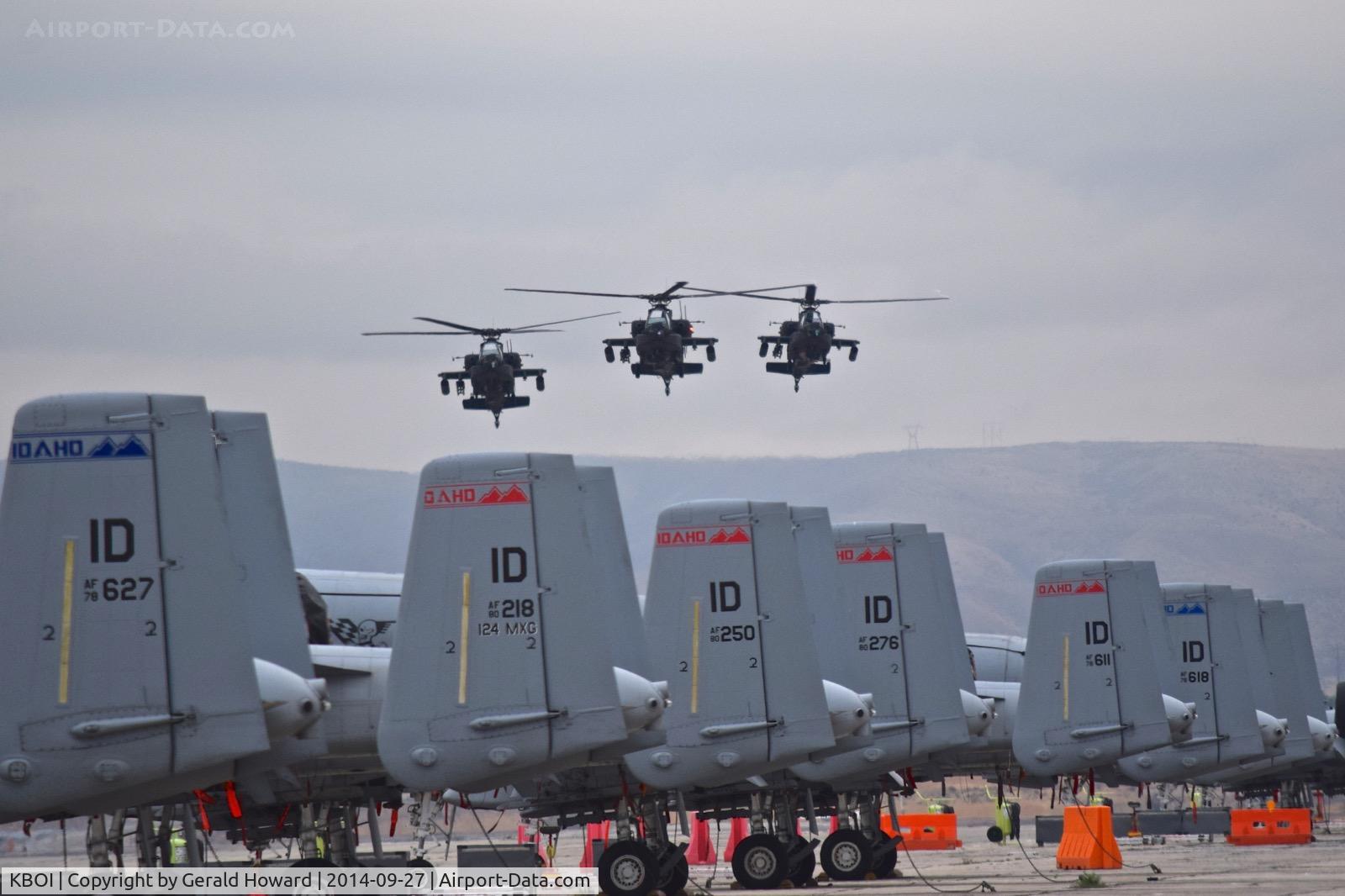 Boise Air Terminal/gowen Fld Airport (BOI) - Three AH-64Ds from the 1-183rd AVN BN, Idaho Army National Guard landing on Bravo in front of A-10Cs of the 190th Fighter Sq., Idaho ANG.