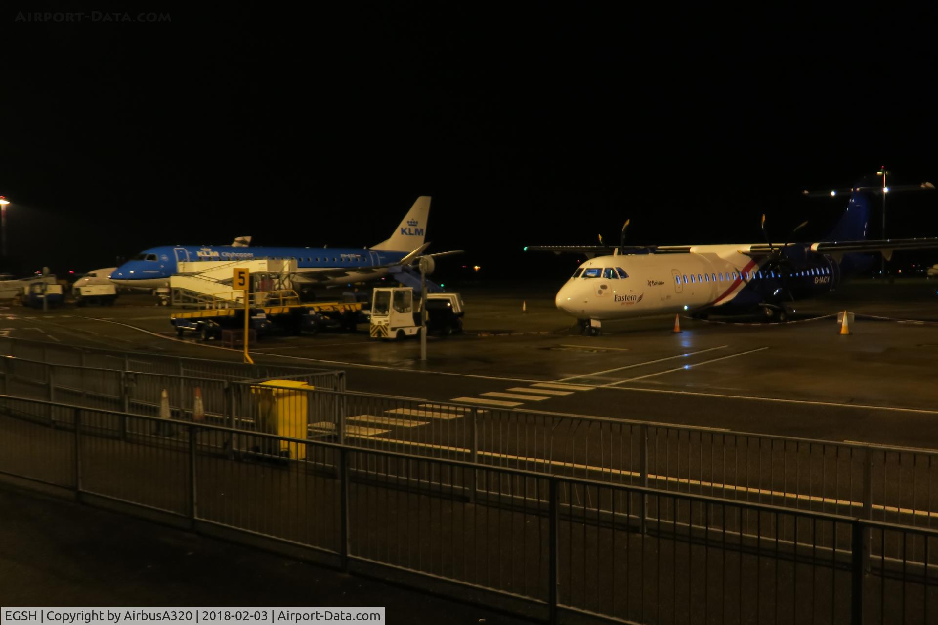 Norwich International Airport, Norwich, England United Kingdom (EGSH) - Saturday evening shot of the ramp, being quite on a saturday most of the aircraft are parked up for the weekend
KLM just arrived for the last Amsterdam flight of the day , while the Eastern ATR72 is waiting for Midlesborough team after playing Norwich 