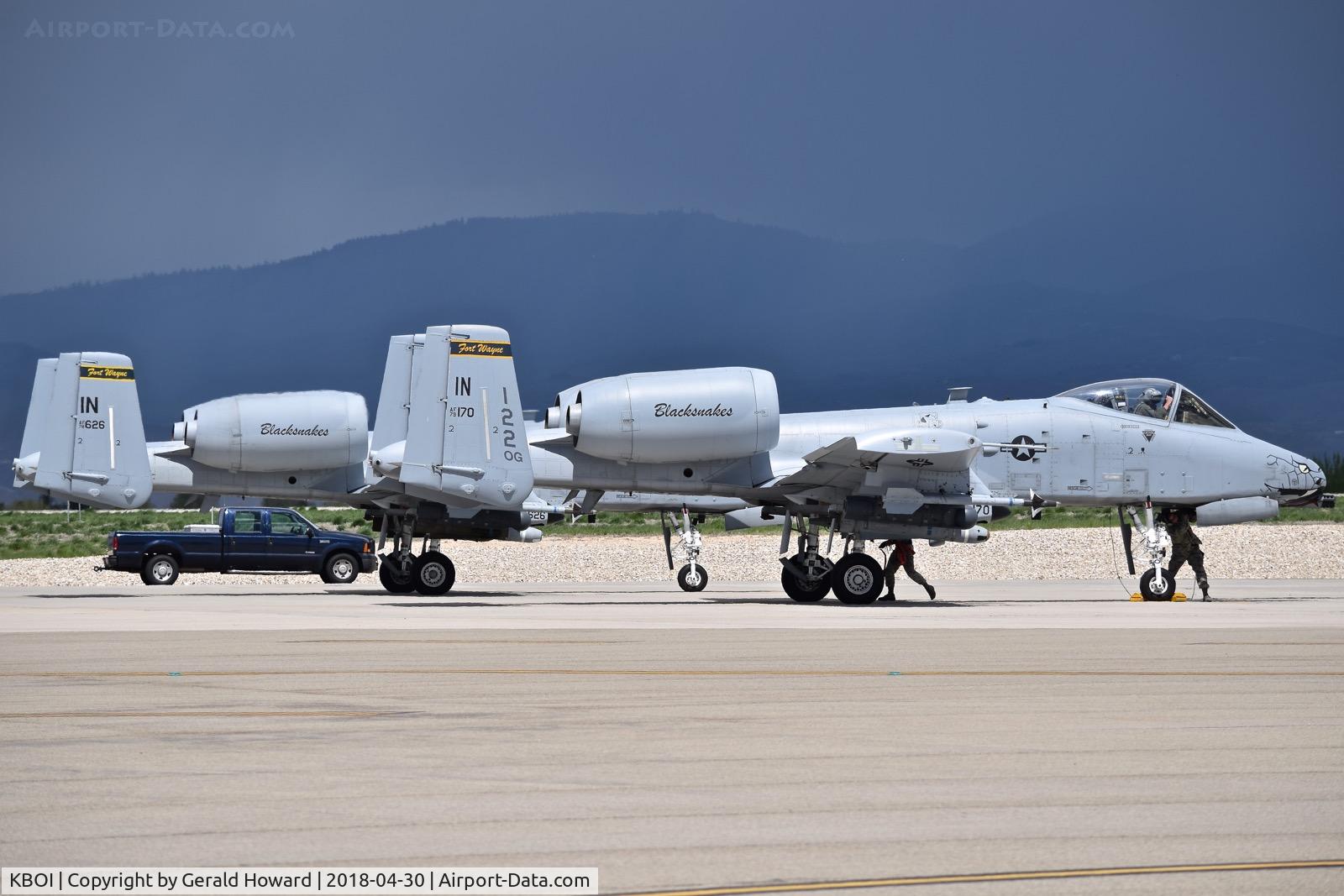 Boise Air Terminal/gowen Fld Airport (BOI) - Two A-10Cs from the 163rd Fighter Sq. “Blacksnakes”, 122nd Fighter Wing , Fort Wayne, IN
 ANG on the de arm pad after a training mission with the Idaho ANG.