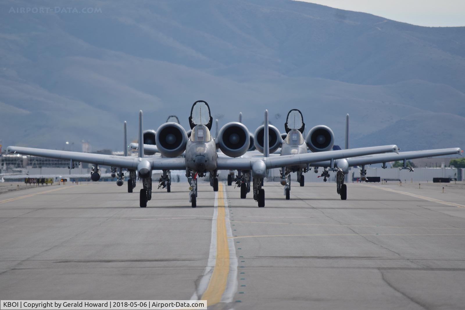Boise Air Terminal/gowen Fld Airport (BOI) - Four A-10C from the 190th Fighter Sq., Idaho ANG taxiing down Foxtrot to the de arm pad and pre flight inspections.
