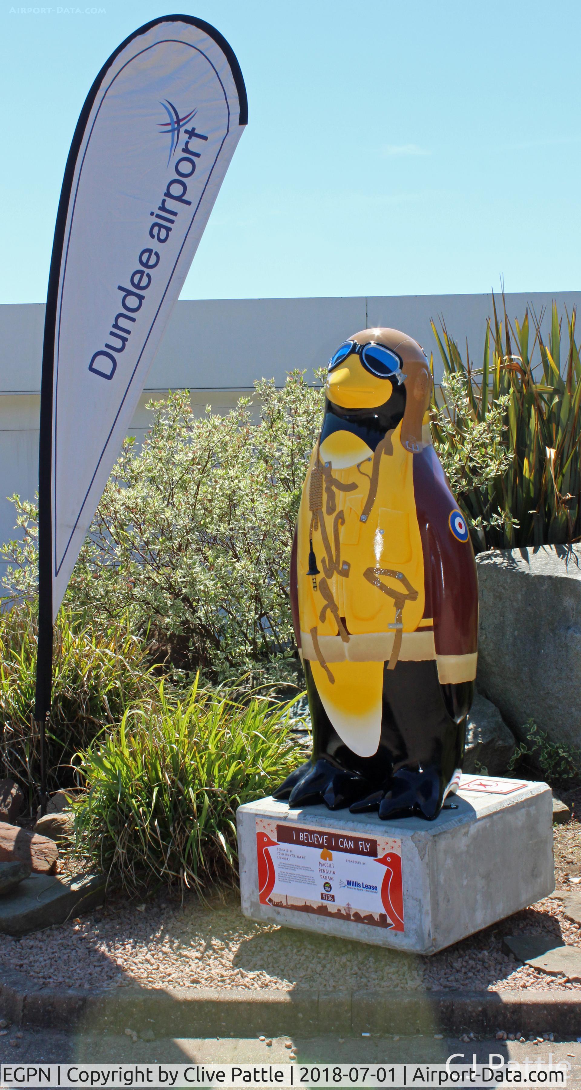 Dundee Airport, Dundee, Scotland United Kingdom (EGPN) - A penguin statue dressed in WWII flying gear has appeared at the Airport Terminal at Dundee, EGPN. It is one of 80 that have been hatched around Dundee City as a charity fundraiser and placed at key locations. This one is called 'I believe I can fly'