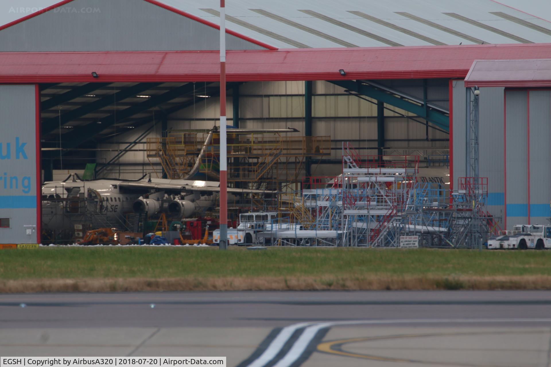 Norwich International Airport, Norwich, England United Kingdom (EGSH) - KLM Engineering hangar
Avro SE-DSY and 737 G-JMCU inside having work carried out on them