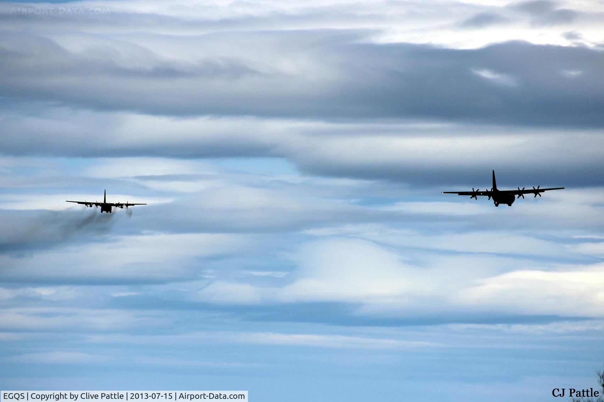 RAF Lossiemouth Airport, Lossiemouth, Scotland United Kingdom (EGQS) - Final approach to RAF Lossiemouth - Hercules C5 ZH881 leads a smoking Hercules C3 XV295