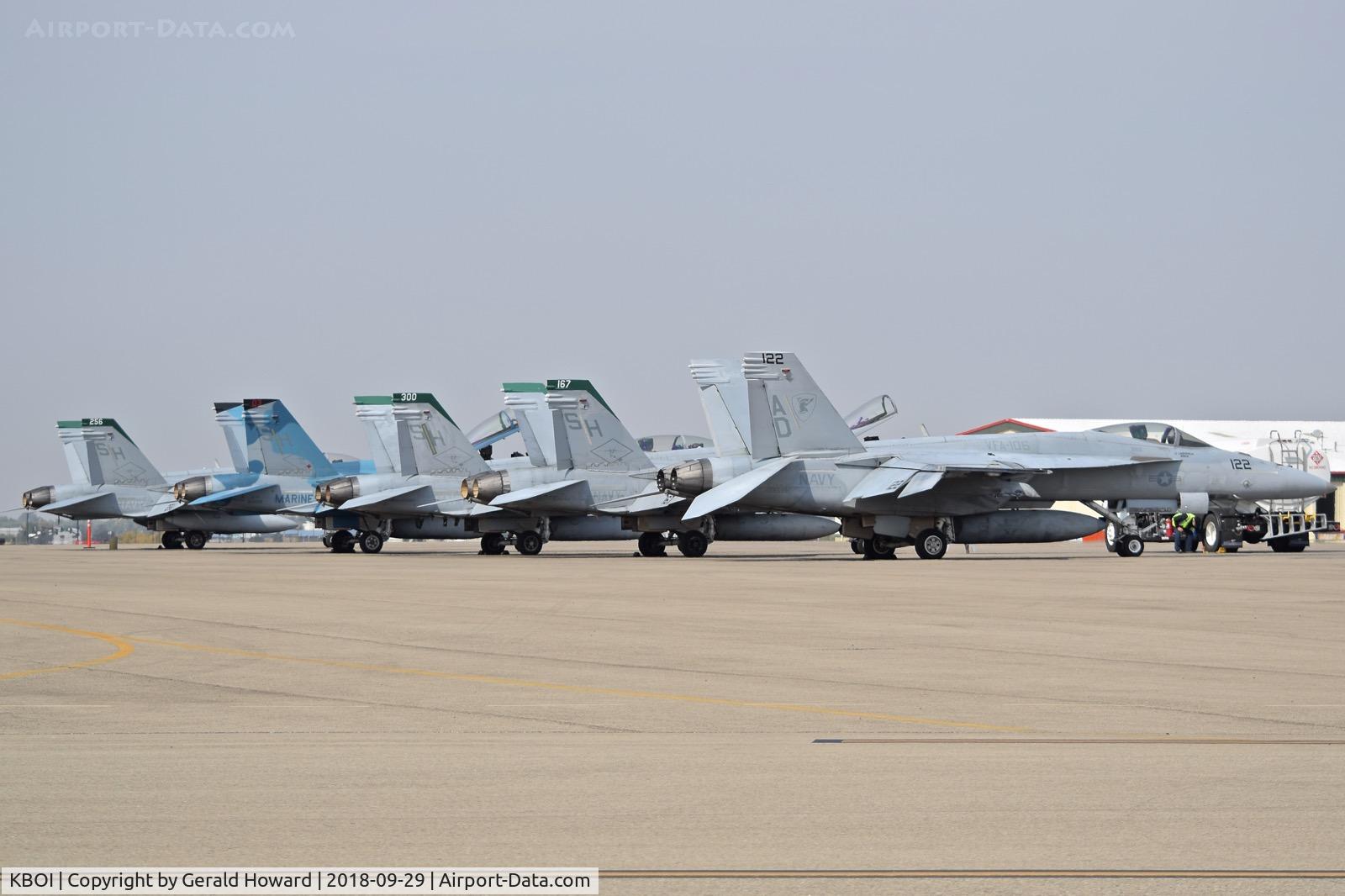 Boise Air Terminal/gowen Fld Airport (BOI) - F/A-18s from VMFAT-101 and VFA-106 parked on the north GA ramp.