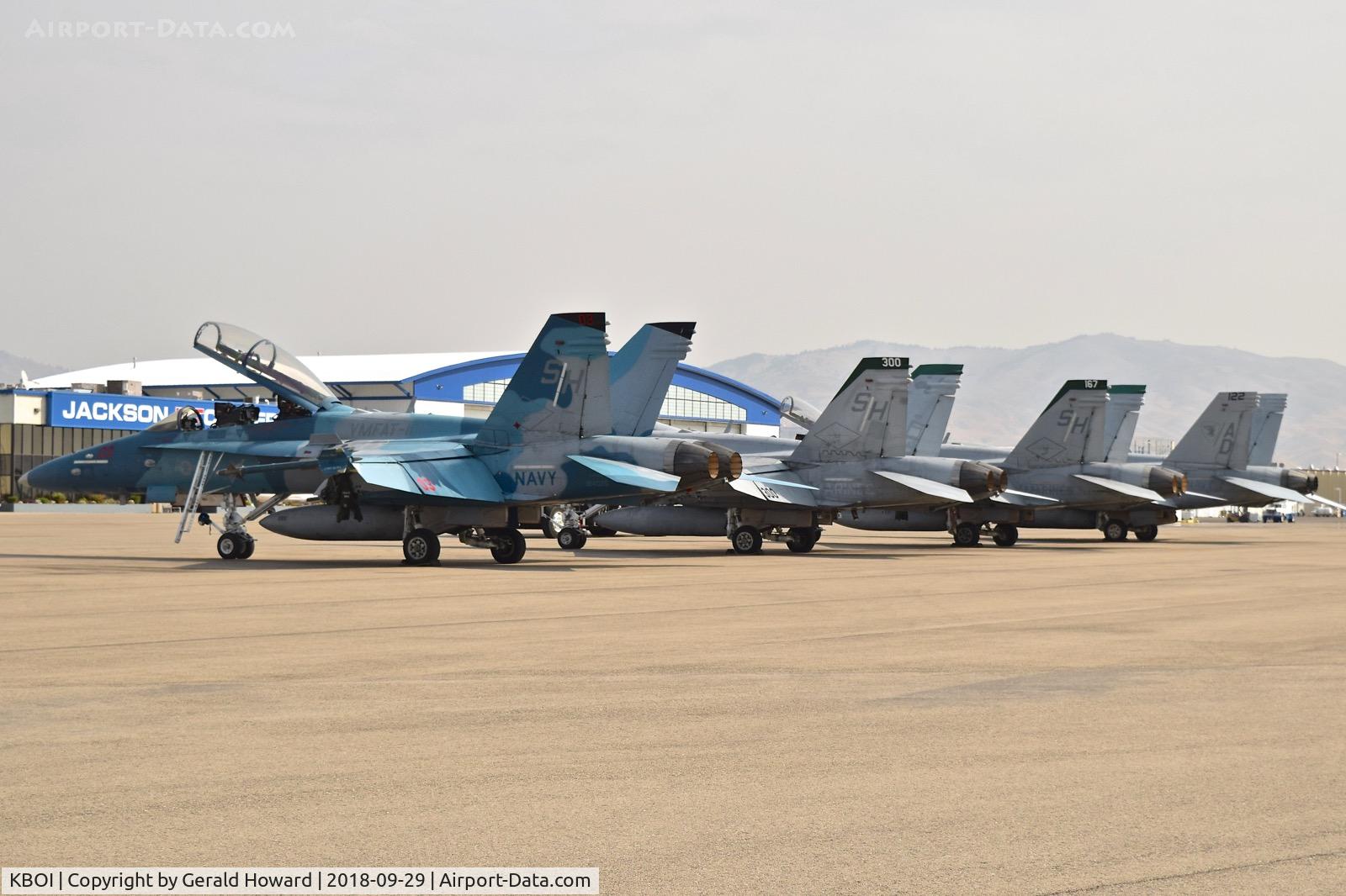 Boise Air Terminal/gowen Fld Airport (BOI) - F/A-18s from VMFAT-101 and VFA-106 parked on the north GA ramp.