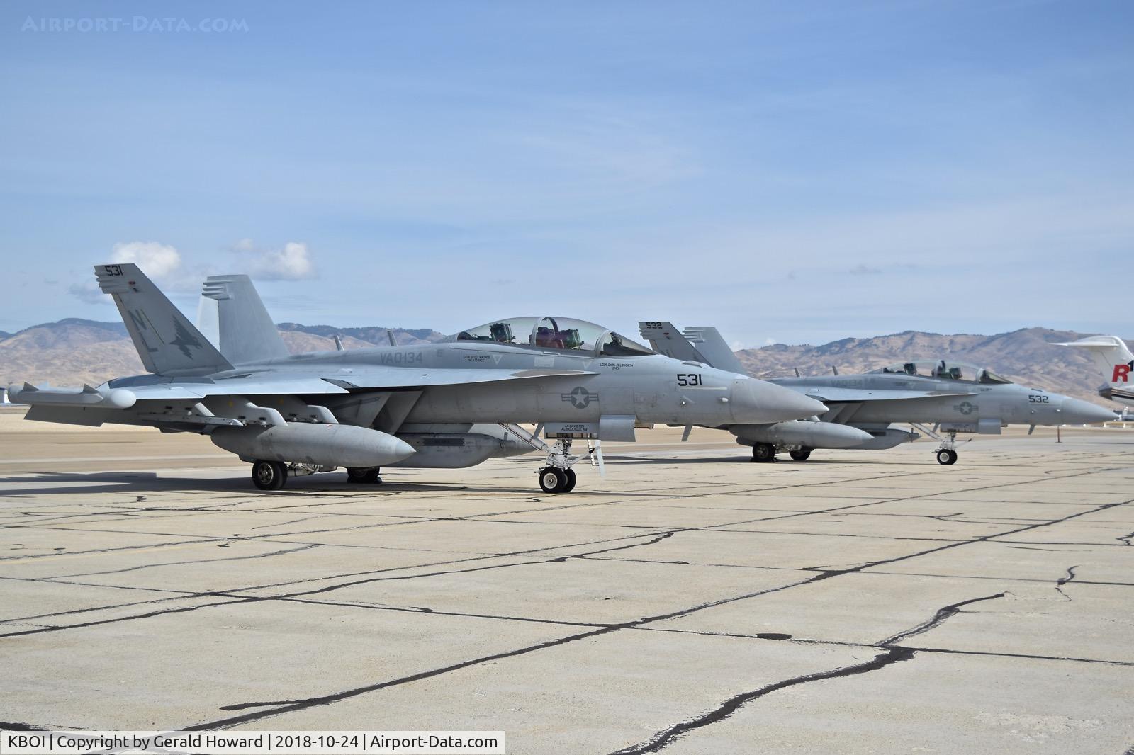Boise Air Terminal/gowen Fld Airport (BOI) - Two FA-18G aircraft from VAQ-134 parked on the south GA ramp.