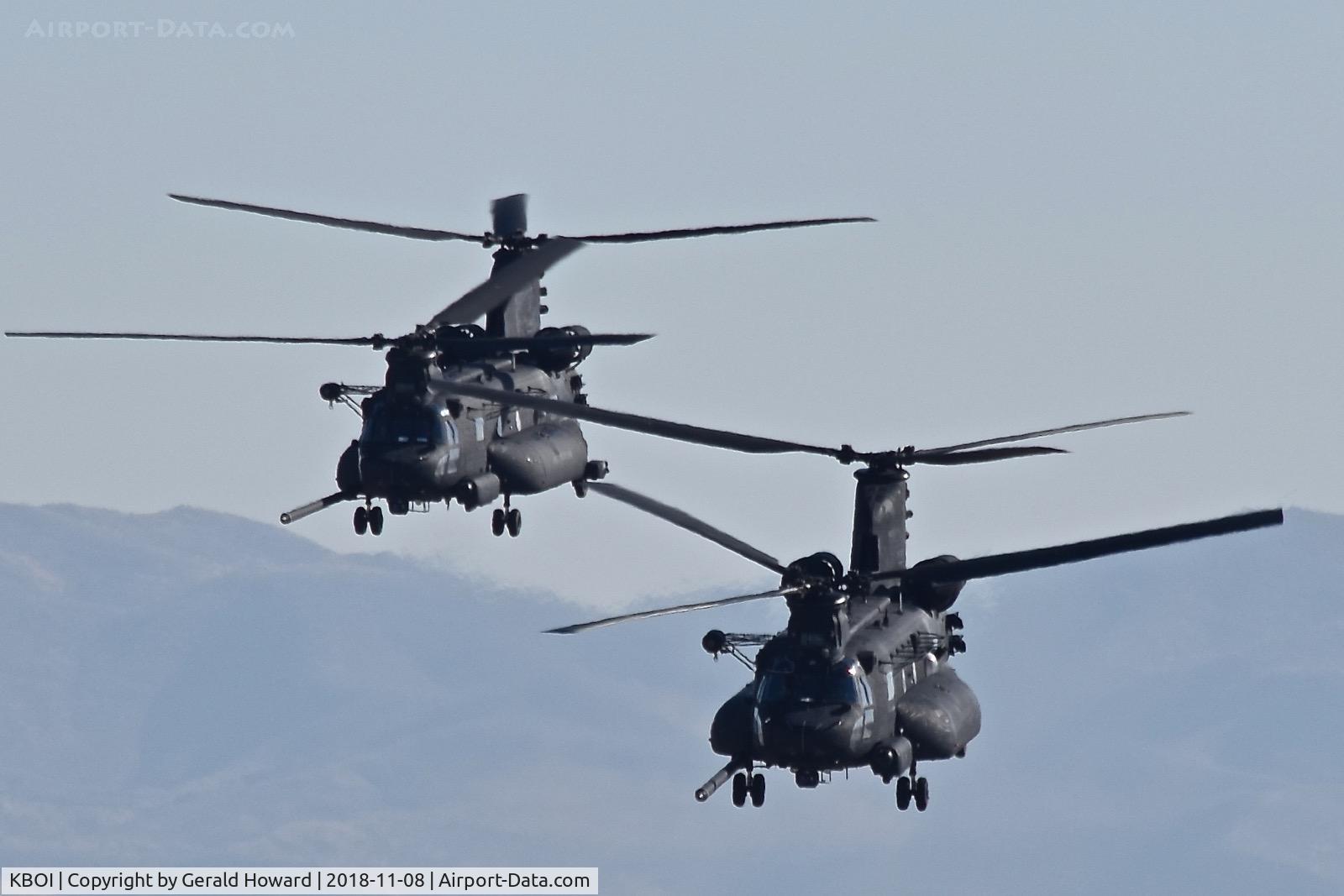 Boise Air Terminal/gowen Fld Airport (BOI) - Two MH-47G departing BOI.  U.S. Army 160th Special Operations Aviation Regiment (SOAR)
“Night Stalkers” 4th BN, Joint Base Lewis-McChord, WA.
