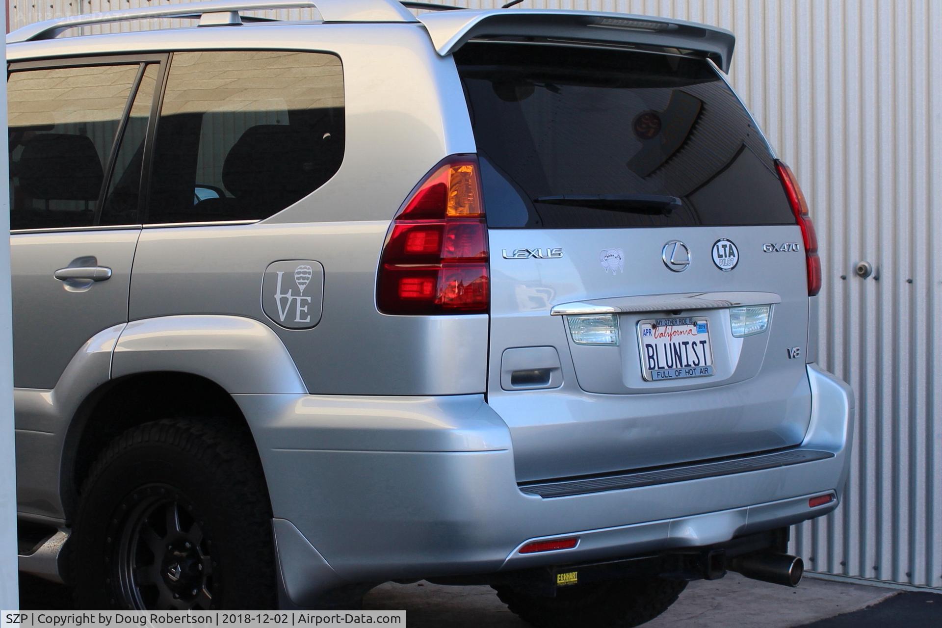 Santa Paula Airport (SZP) - Another view of the car's personalized license plate and fuel filler lid of the Hot Air Balloonists hangared at SZP, opposite their hangar.