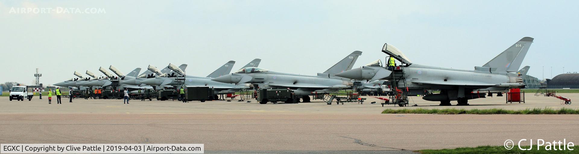 RAF Coningsby Airport, Coningsby, England United Kingdom (EGXC) - RAF 29 (R) Sqn line-up on the ramp @ RAF Coningsby