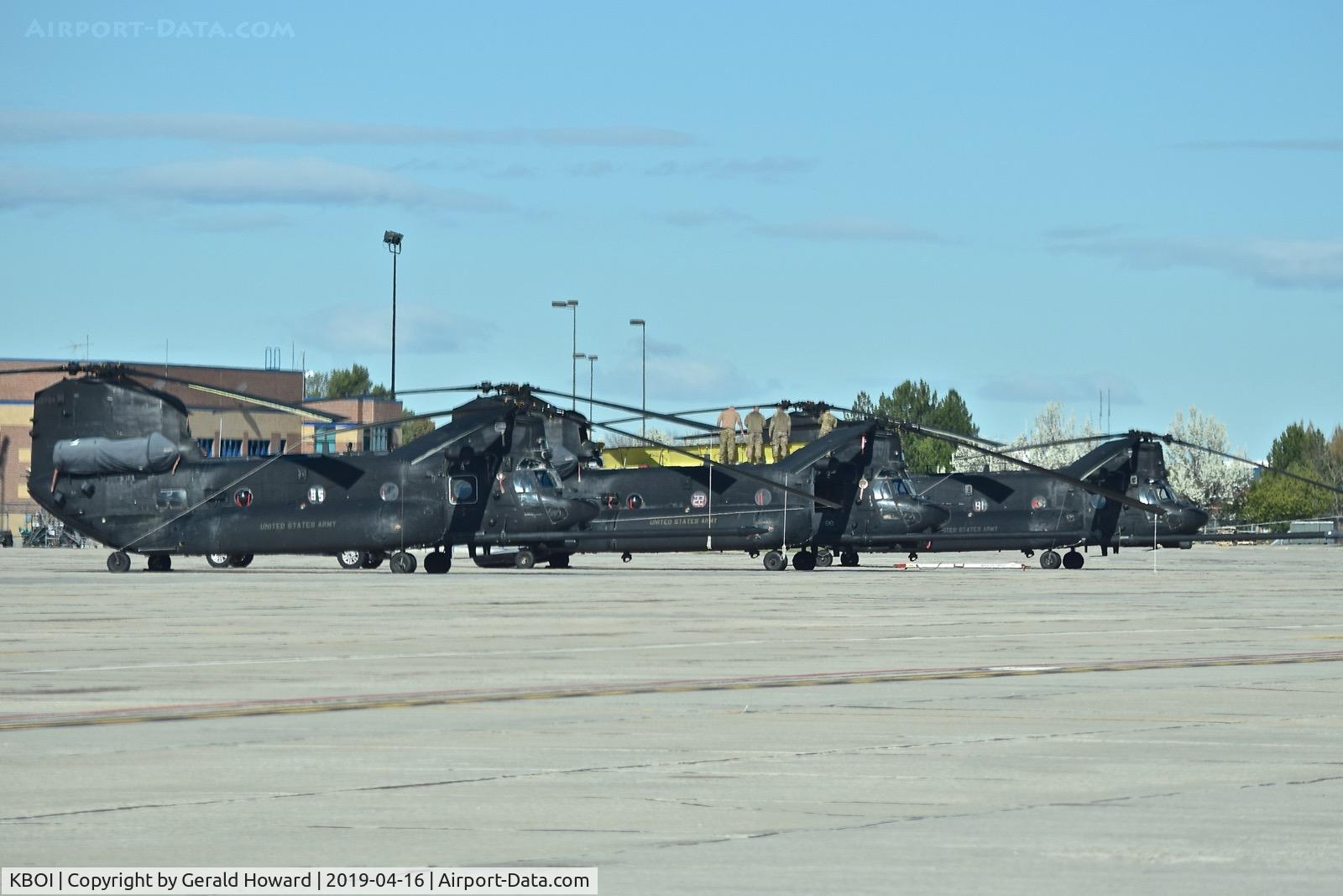 Boise Air Terminal/gowen Fld Airport (BOI) - Three MH-47G Chinooks from the U.S. Army's  160th Special Operations Aviation Regiment (SOAR)
“Night Stalkers” 4th BN, Joint Base Lewis-McChord, WA parked on the Idaho ANG ramp.
