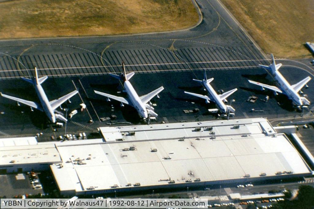 Brisbane International Airport, Brisbane, Queensland Australia (YBBN) - Airport Overview of 'Old Eagle Farm' International Airport YBBN, taken from Australian Airlines first A300B4-203 VH-TAA, on approach to 'New Eagle Farm' Airport on 12Aug1992. The Terminal building is dominating the foreground.