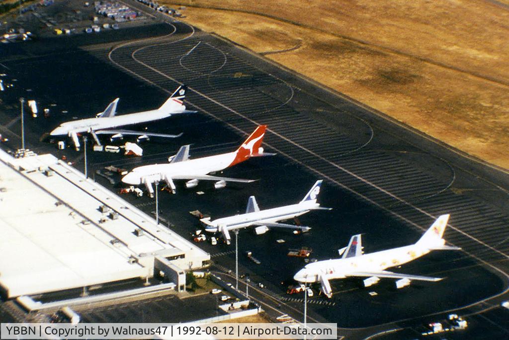 Brisbane International Airport, Brisbane, Queensland Australia (YBBN) - Airport Overview of 'Old Eagle Farm' International Airport YBBN, taken from Australian Airlines first A300B4-203 VH-TAA, on approach to 'New Eagle Farm' Airport on 12Aug1992. 