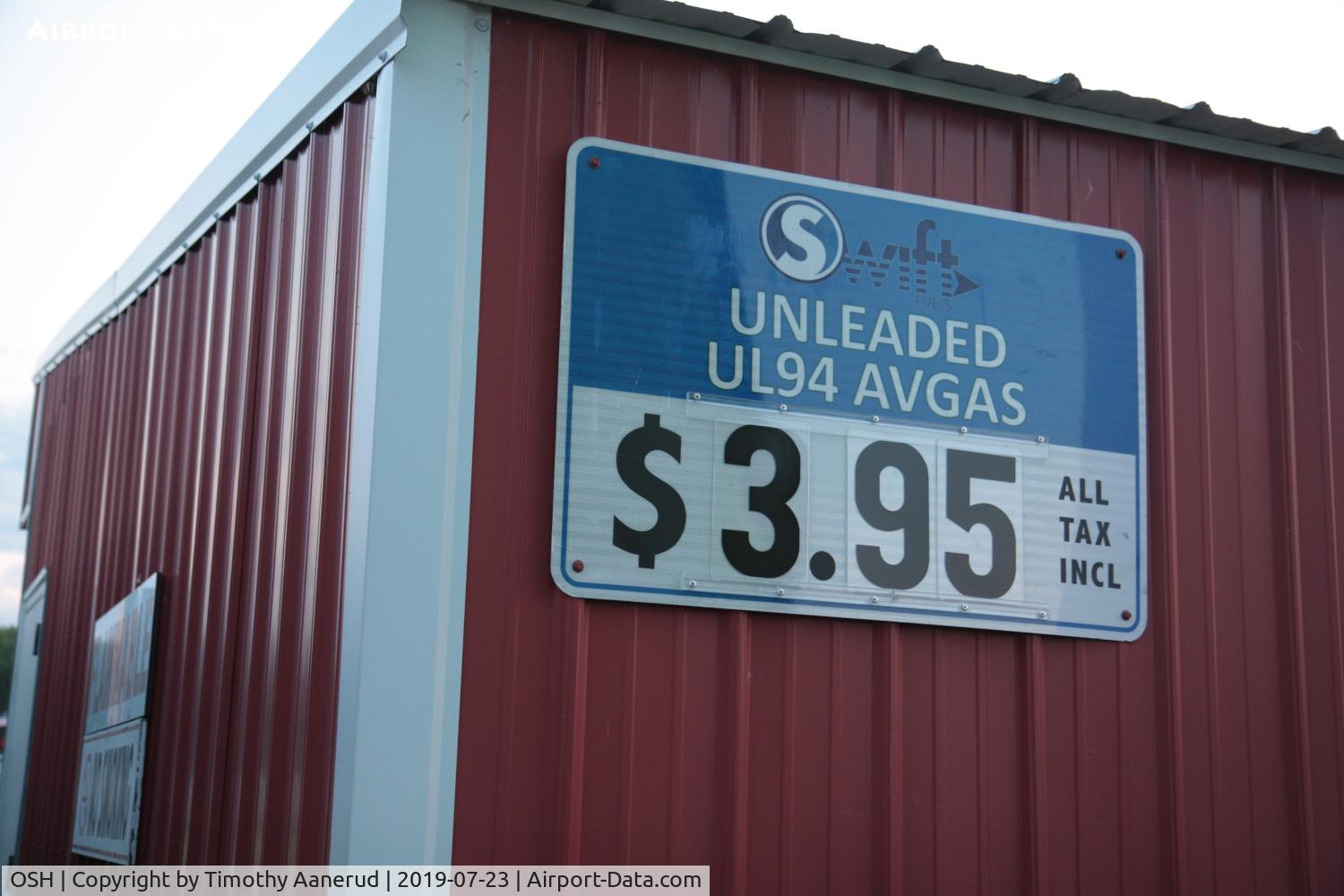 Wittman Regional Airport (OSH) - $3.95/gal for Swift Fuels' UL94 fuel.  Unfortunately I didn't get the prices for 100LL or MoGas this year.