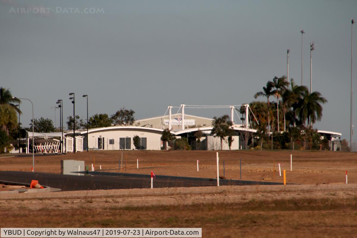 Bundaberg Airport, Bundaberg, Queensland Australia (YBUD) - Bundaberg Airport YBUD viewed from the West on 23Jul2019. Royal Flying Doctor Service (RFDS) hangar behind Terminal. (Low Res.)