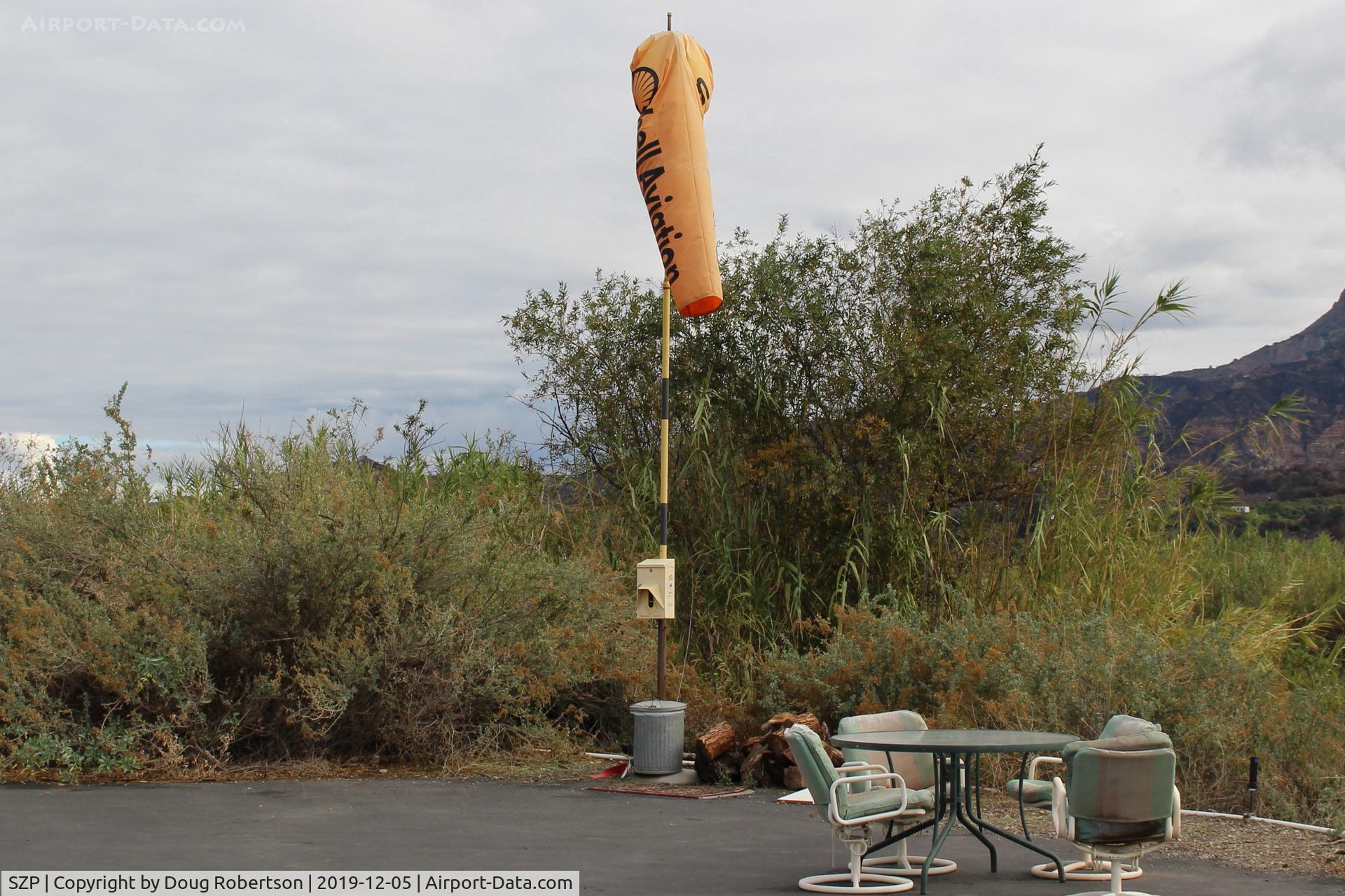 Santa Paula Airport (SZP) - Windsock showing mild Santana wind today favoring Rwy 04