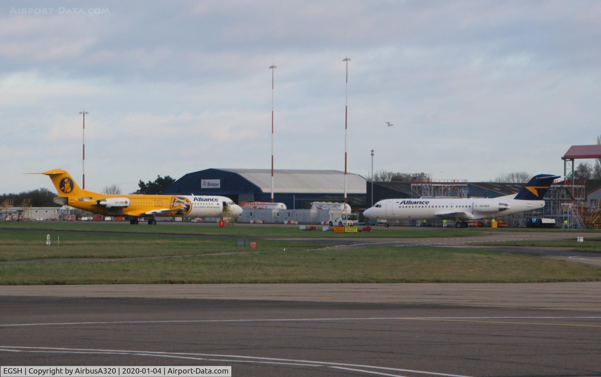 Norwich International Airport, Norwich, England United Kingdom (EGSH) - General view of KLM Engineering ramp at Norwich with Alliance fleet undergoing work over here
Fokker 100 VH-UQG joined by Fokker 70 VH-NUV