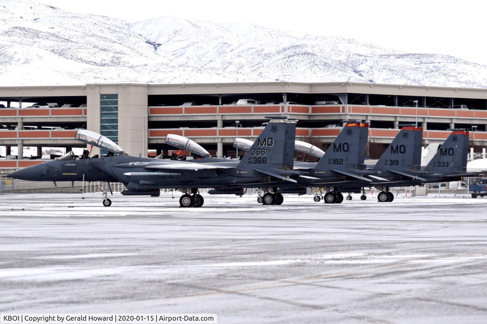 Boise Air Terminal/gowen Fld Airport (BOI) - 4 of 7 F-15Es from the 391st Fighter Sq., 366th Fighter Wing from Mountain Home AFB, ID parked on the north GA ramp.