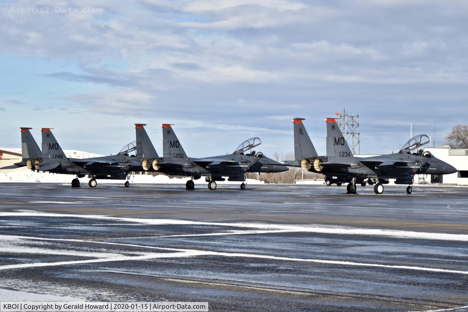 Boise Air Terminal/gowen Fld Airport (BOI) - 3 of 7 F-15Es from the 391st Fighter Sq., 366th Fighter Wing from Mountain Home AFB, ID parked on the north GA ramp.
