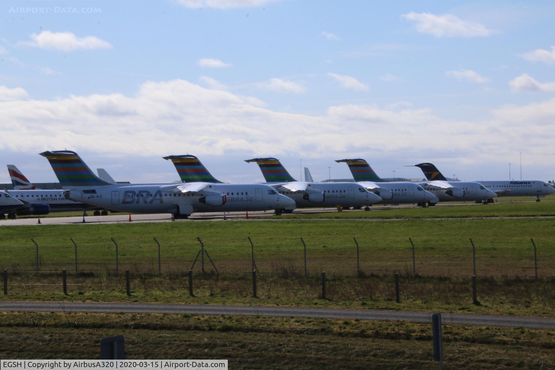 Norwich International Airport, Norwich, England United Kingdom (EGSH) - Braathens Regional have started to retired the Avro fleet and Norwich have gained 4 so far, here we see 
SE-RJI, SE-DSV, SE-DSU, SE-DJN (at the back)