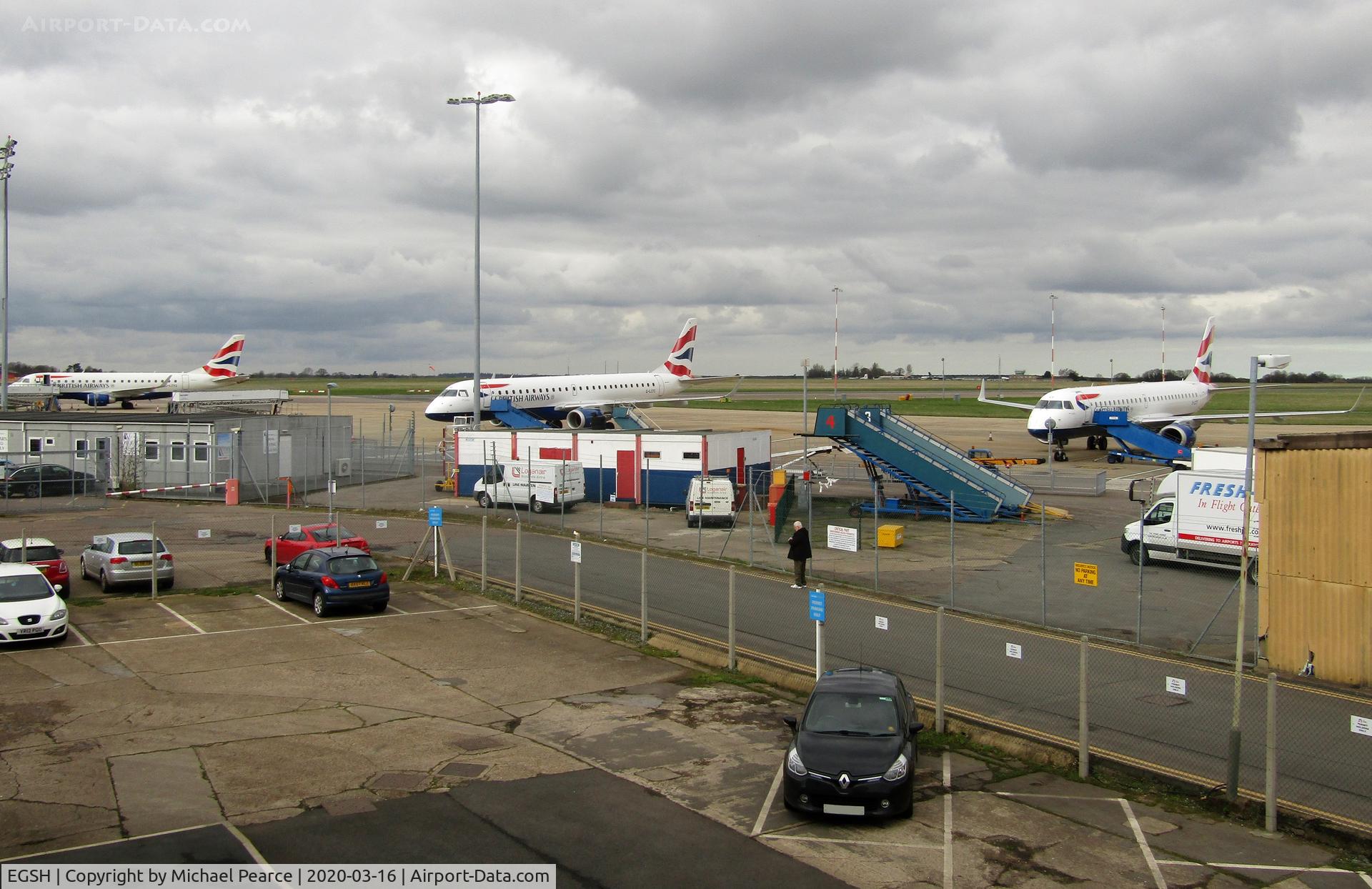 Norwich International Airport, Norwich, England United Kingdom (EGSH) - G-LCYG, G-LCYS and G-LCYT parked on Stands 3, 5 and 6 respectively for storage, due to a drop in passenger demand during the COVID-19 outbreak.
