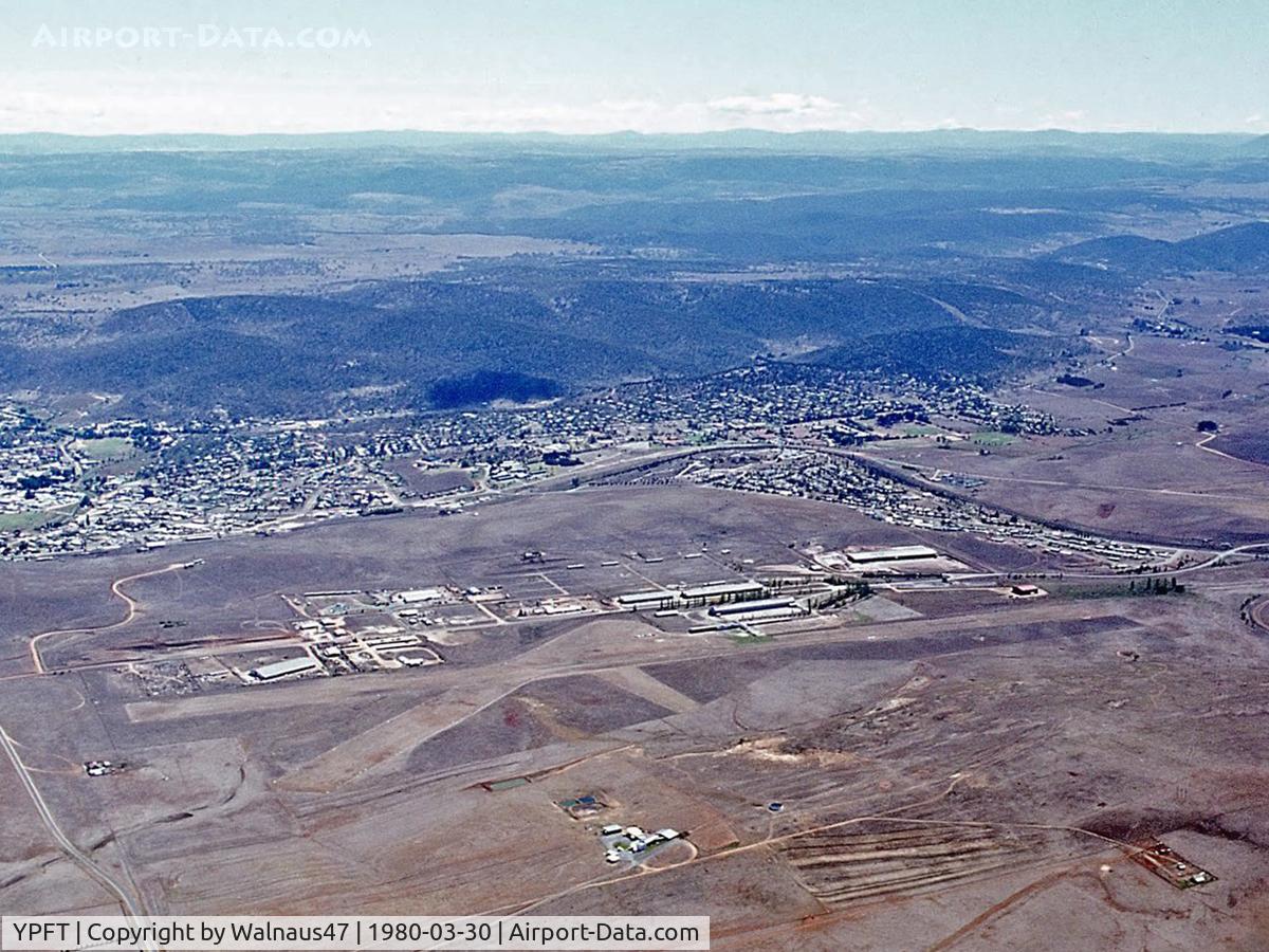 YPFT, ‘Airport Overview’ from Canberra Gliding Club Let L-13 Blanik VH-GCG Cn 025424 over Polo Flat YPFT (at Cooma NSW) on 30Mar1980. The Blanik ‘photo platform’ had been towed aloft by Canberra Gliding Club Piper PA-25-235 Pawnee B VH-MLS Cn 25-3809.