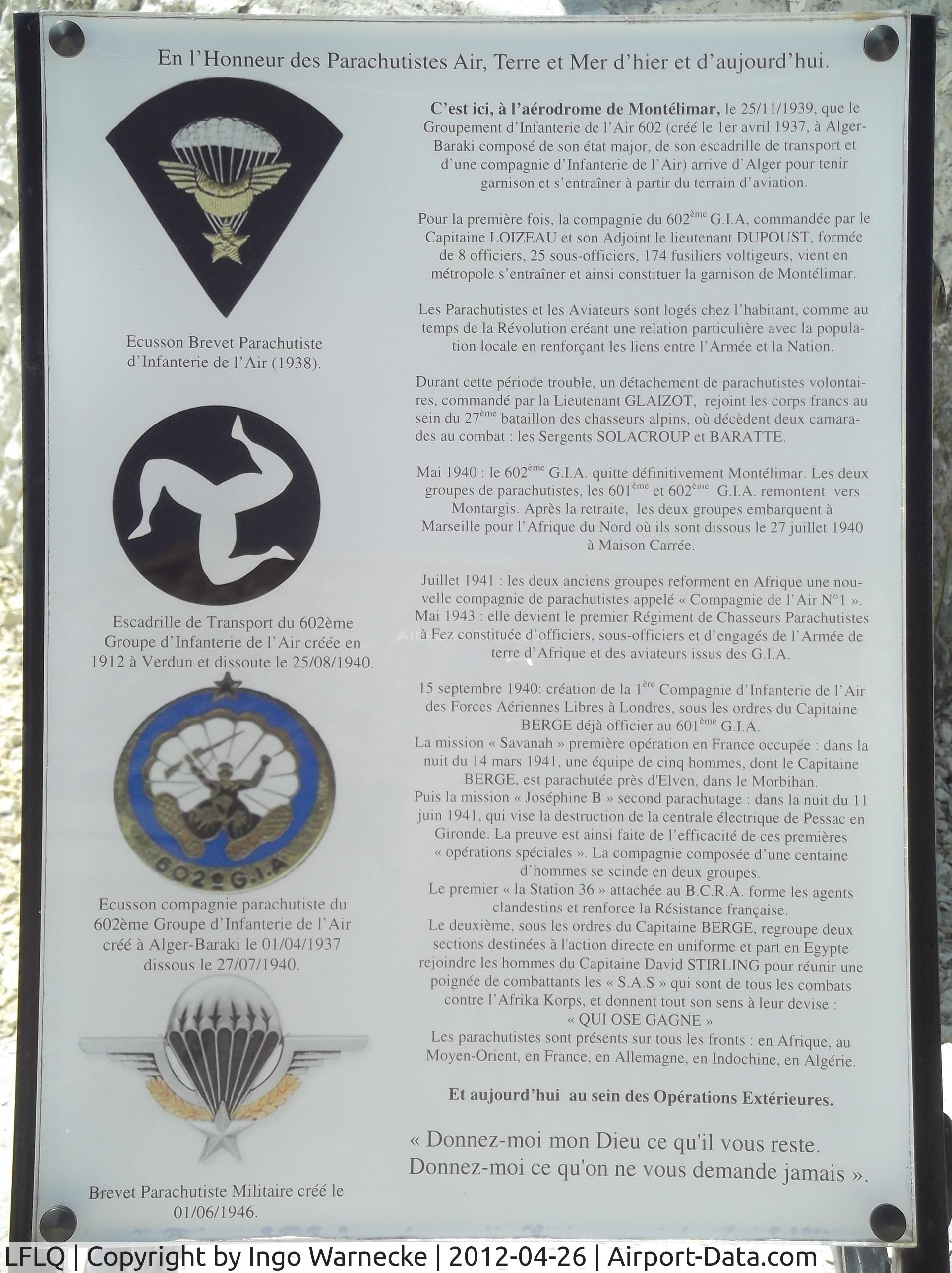 Montélimar Ancone Airport, Montélimar France (LFLQ) - plaque commenmorating the founding and history of the french paratroopers at Montelimar Ancone airfield