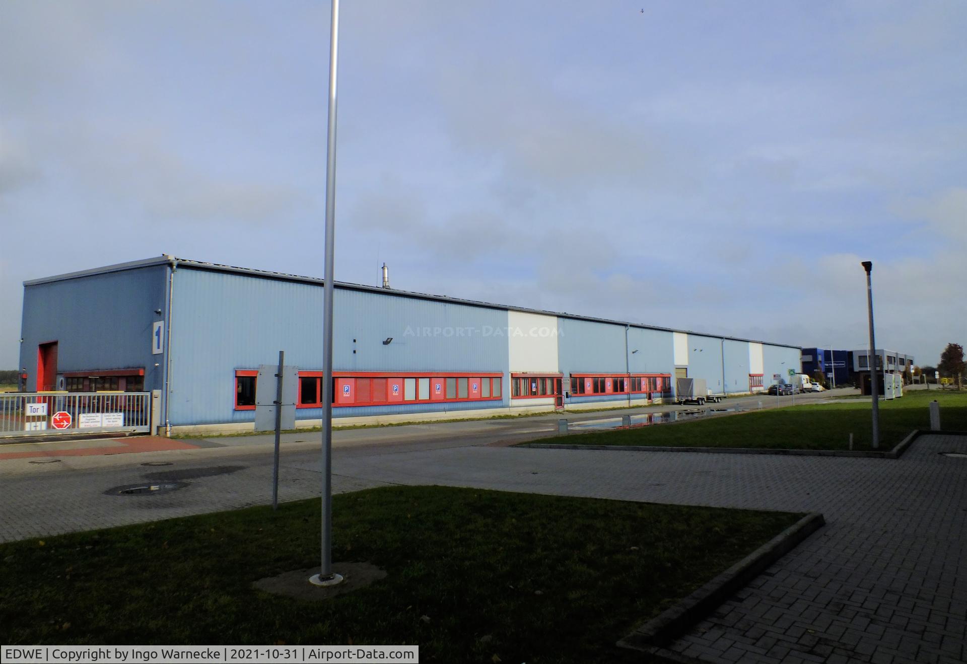 EDWE Airport - hangars further east of the tower at Emden airfield