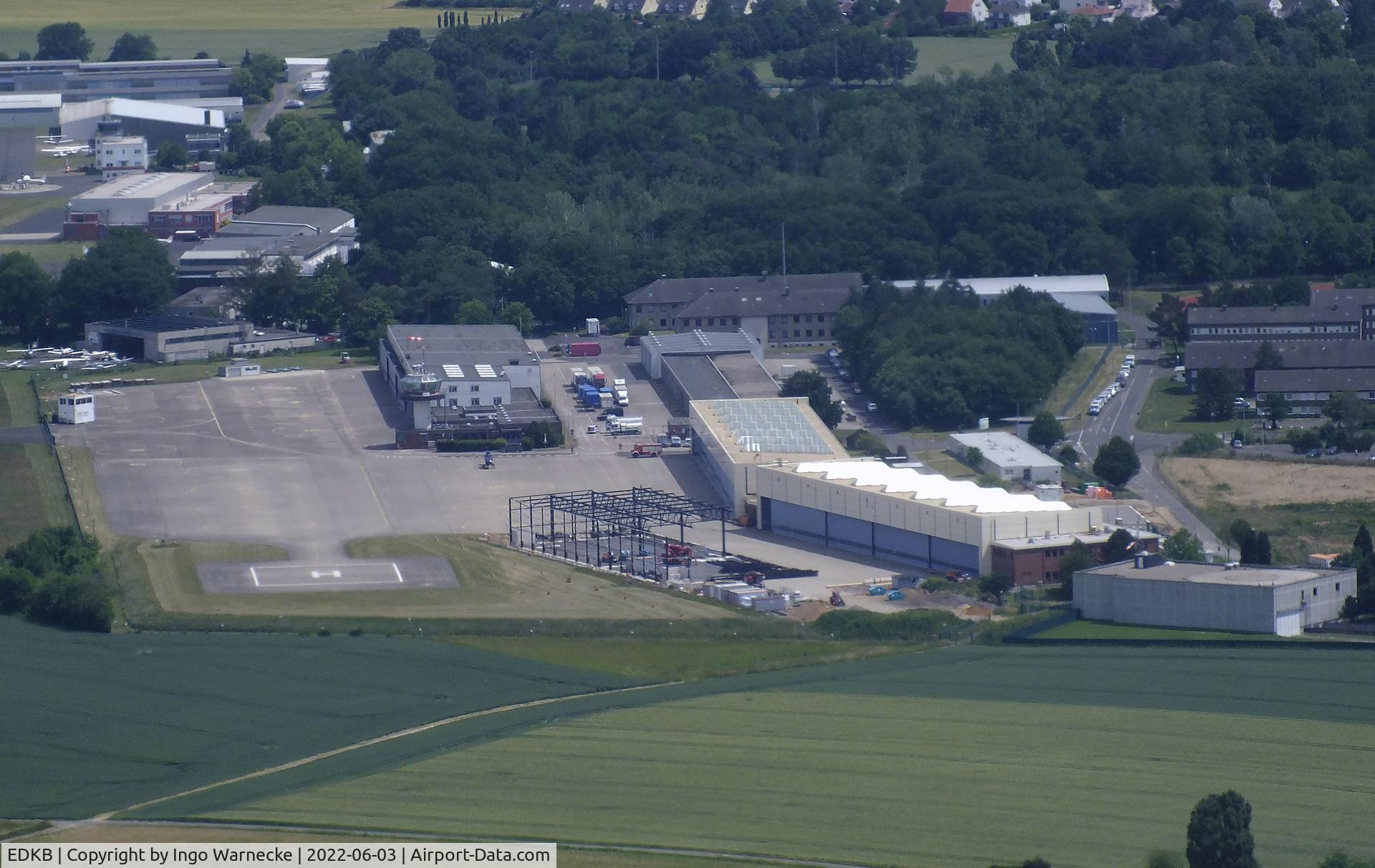 Bonn-Hangelar Airport, Sankt Augustin Germany (EDKB) - aerial view of Bundespolizei (federal police) towers and hangars at the western end of Bonn-Hangelar airfield
