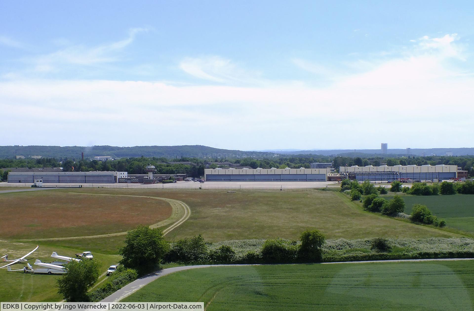 Bonn-Hangelar Airport, Sankt Augustin Germany (EDKB) - aerial view of Bundespolizei (federal police) towers and hangars at the western end of Bonn-Hangelar airfield