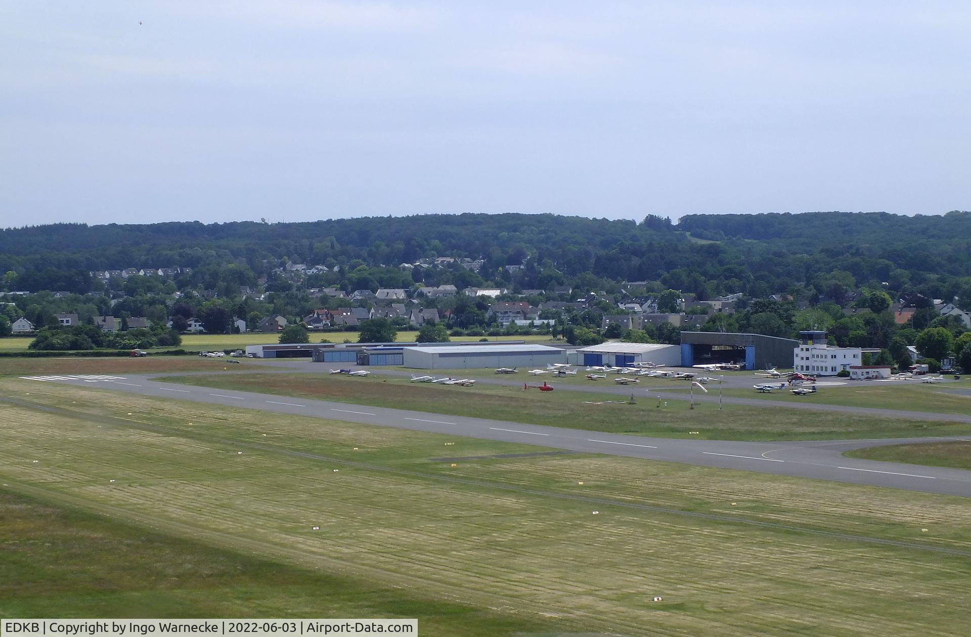 Bonn-Hangelar Airport, Sankt Augustin Germany (EDKB) - aerial view of tower and GA hangars at the eastern end of Bonn-Hangelar airfield