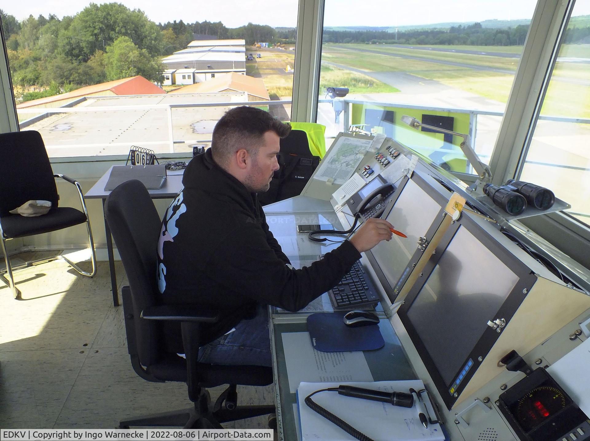 Dahlemer Binz Airport, Dahlem Germany (EDKV) - inside the tower at Dahlemer Binz airfield (the gentleman of the airfield tower crew has consented by email to his photo being shown on this site)